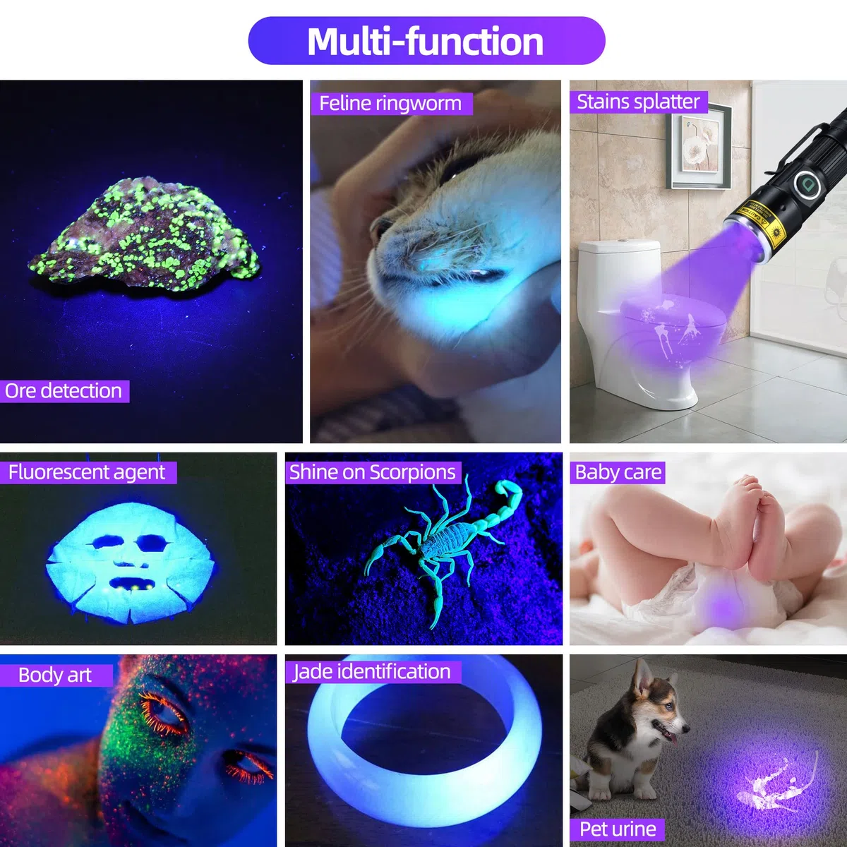DARKDAWN Torce UV 365nm 395nm Ricaricabile USB, LED Lampada di Wood Ultravioletti Torcia Luce Nera, Mini Portatile Lampada UV per Ambra, Rivelatore Urina per Gattidi Cani 400nm, 2 Pezzi (UV 395 nm)