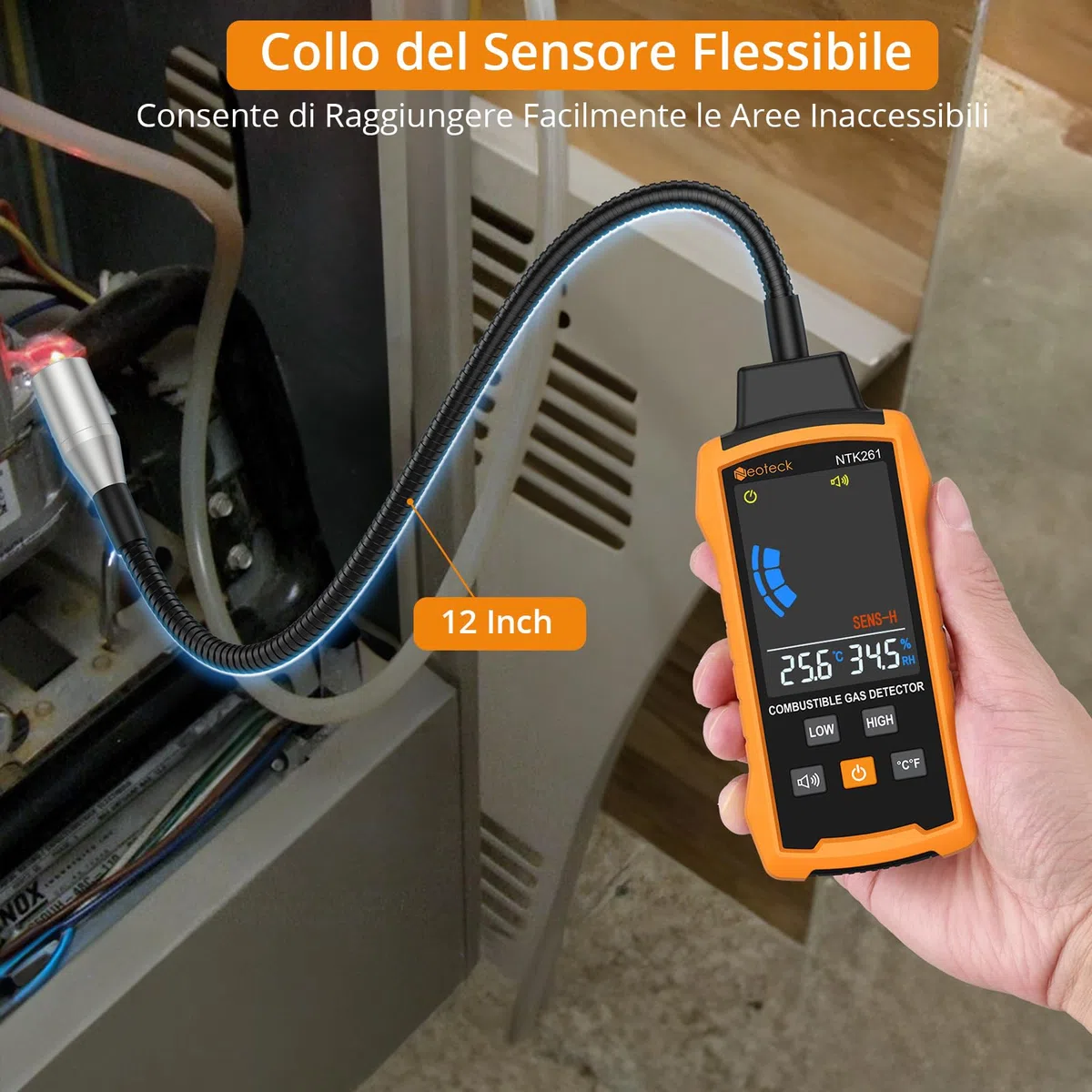 Neoteck Rivelatore di Gas Naturale con Collo d'oca da 12” Rivelatore di Gas Combustibile con Allarme Acustico e Visivo Test Metano Propano Benzina CO Gas Naturale per Gasdotto Stufa a Gas e RV