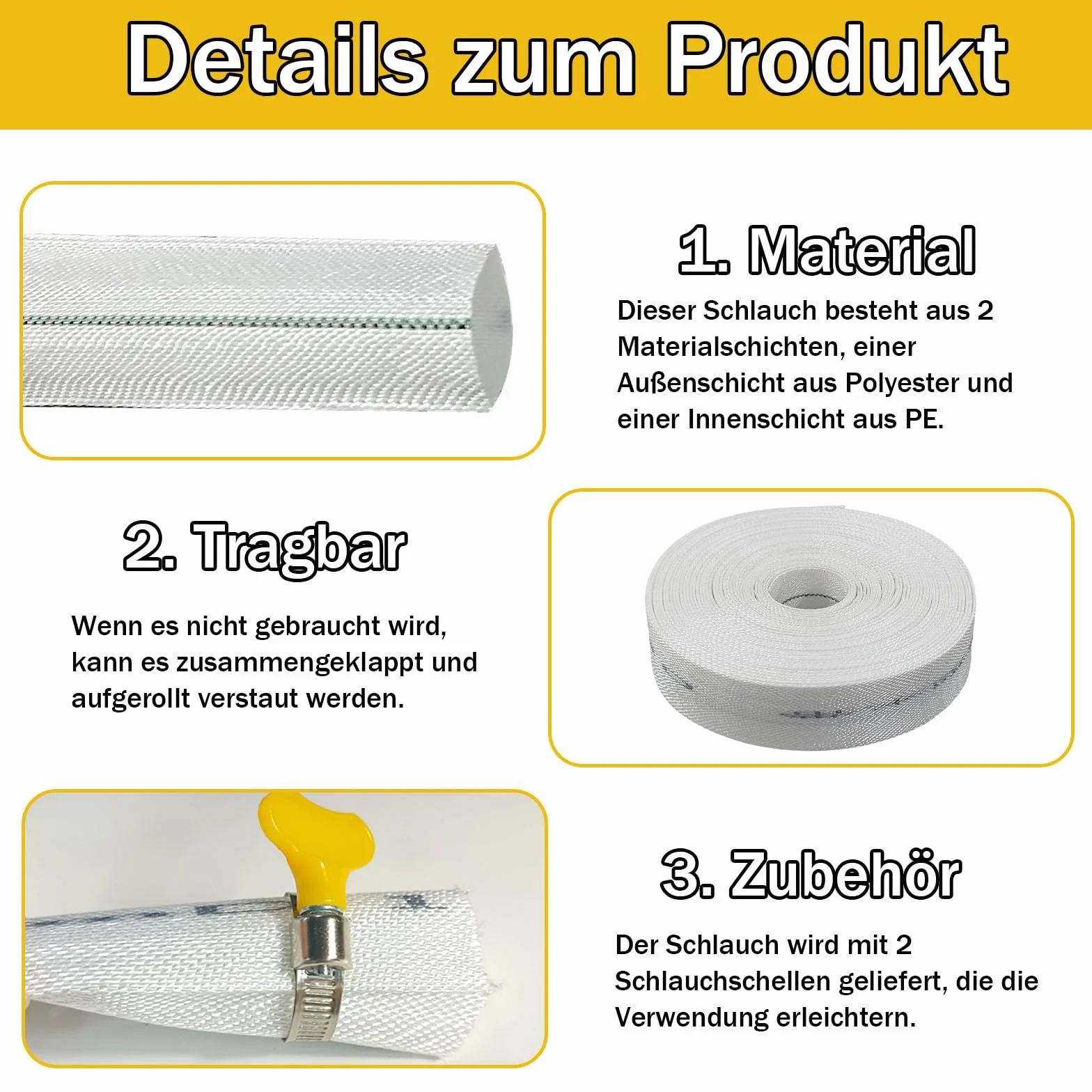 Tubo Piatto, 20 m Ø 32mm Tubo Flessibile con Fascetta Stringitubo, 1 1/4 Pollici Tubos Flessibile Manichetta di Scarico Piatto, per il Pompaggio in Piscina, Bianco