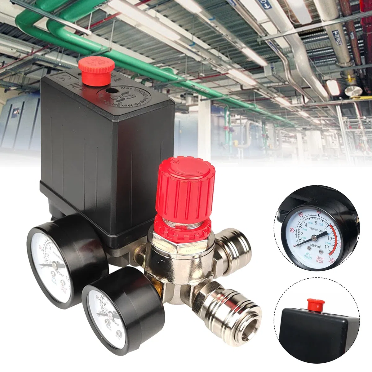 Pressostato per compressore ad aria, 220V valvola di controllo per compressore ad aria, pressostato compressore con valvola di sicurezza e manometro, 6,2~8,3 bar per regolazione della pressione