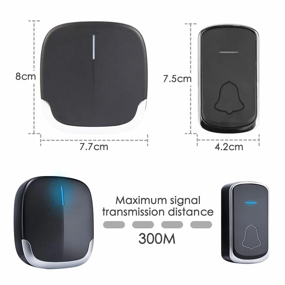 Campanello Senza Fili da Esterno, 300m Campanello Wireless 58 Melodie e 4 Livelli di Volume, Impermeabile IP44, Indicatore LED per Casa, Ufficio, Anziani