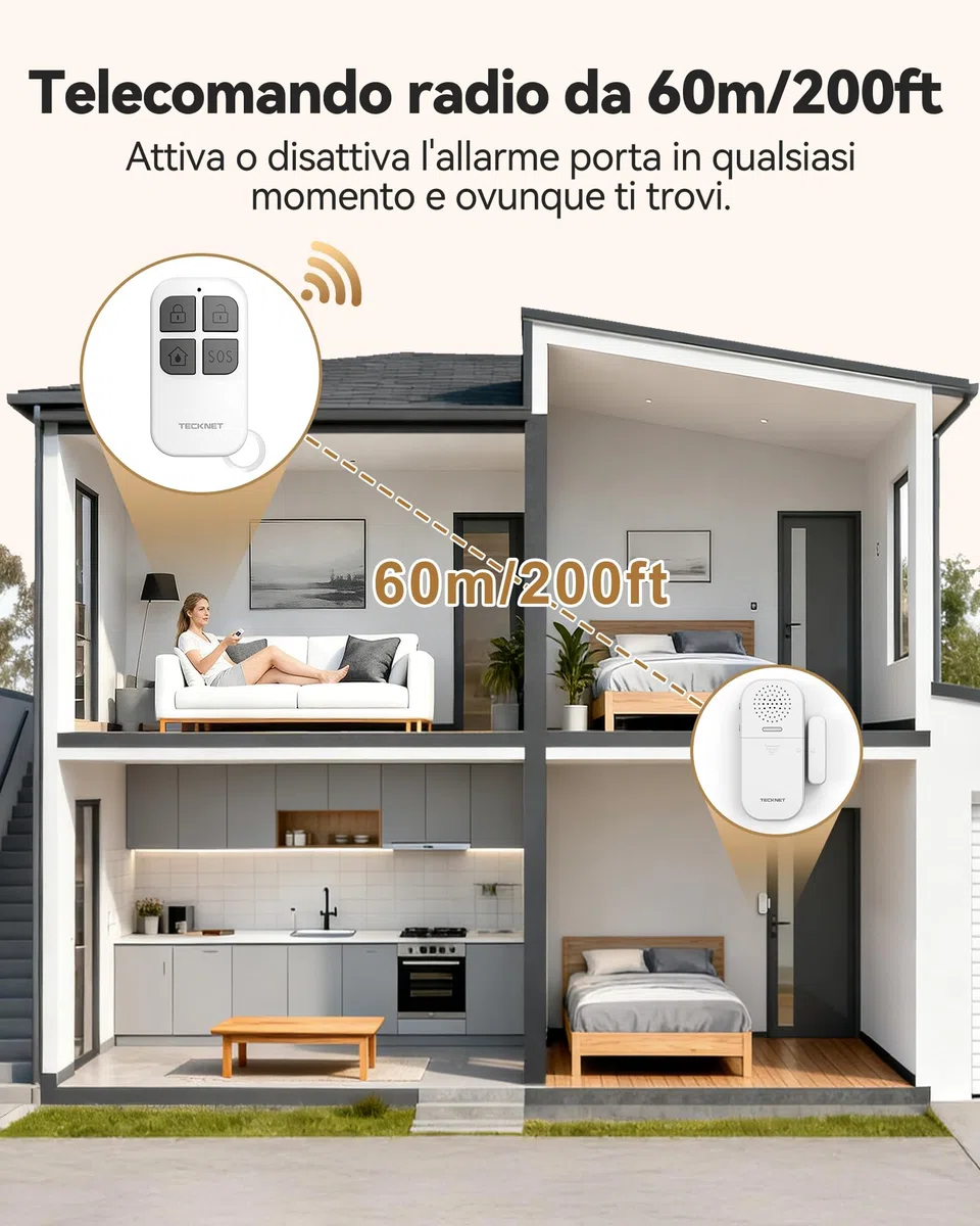 TECKNET Allarme Casa Senza Fili, Antifurto Casa con Telecomando, Allarme Porta Ingresso 4 Modalità 5 Livelli Volume Regolabili, 2-in-1 Allarme e Campanello per Residenza, Negozio, Hotel (2PCS)