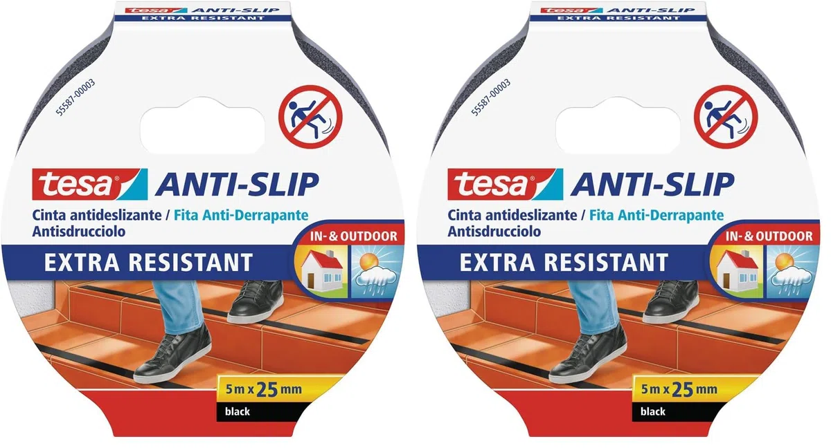 Tesa Nastro Antiscivolo - Adesivo Antiscivolo per L?Uso Interno Ed Esterno - per Scale e Pavimenti Lisci - Nero - 5 m x 25 mm (Confezione da 2)