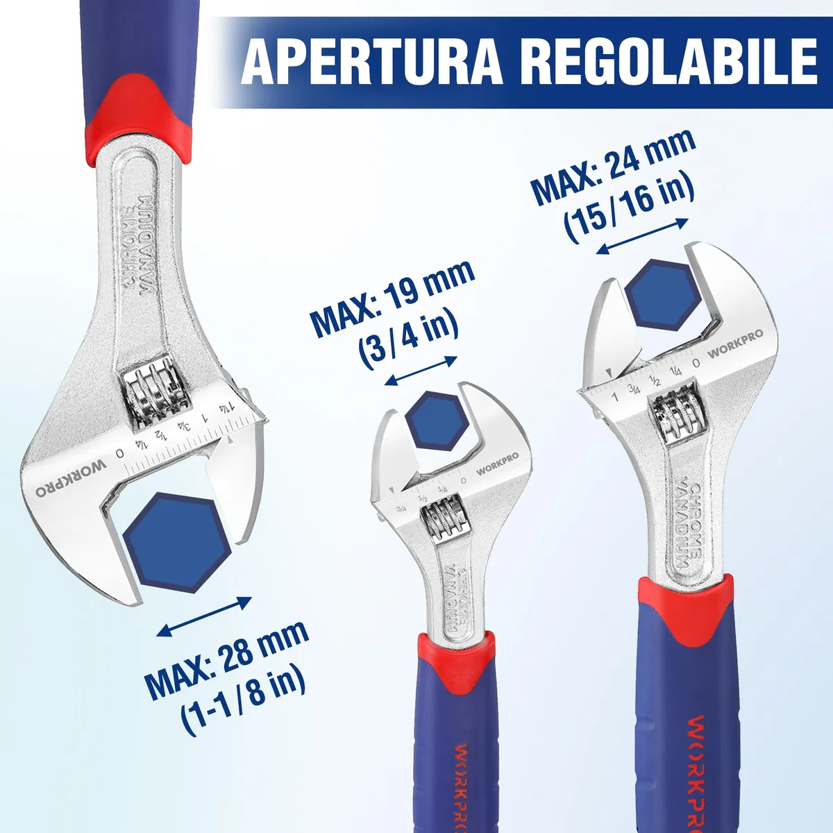 WORKPRO Set di Chiavi Regolabili 3 Pezzi, Chiave a Rullino 150, 200, 250mm, Chiave Inglese Regolabile a Bocca Larga 19, 24, 28mm, con Impugnatura in Gomma
