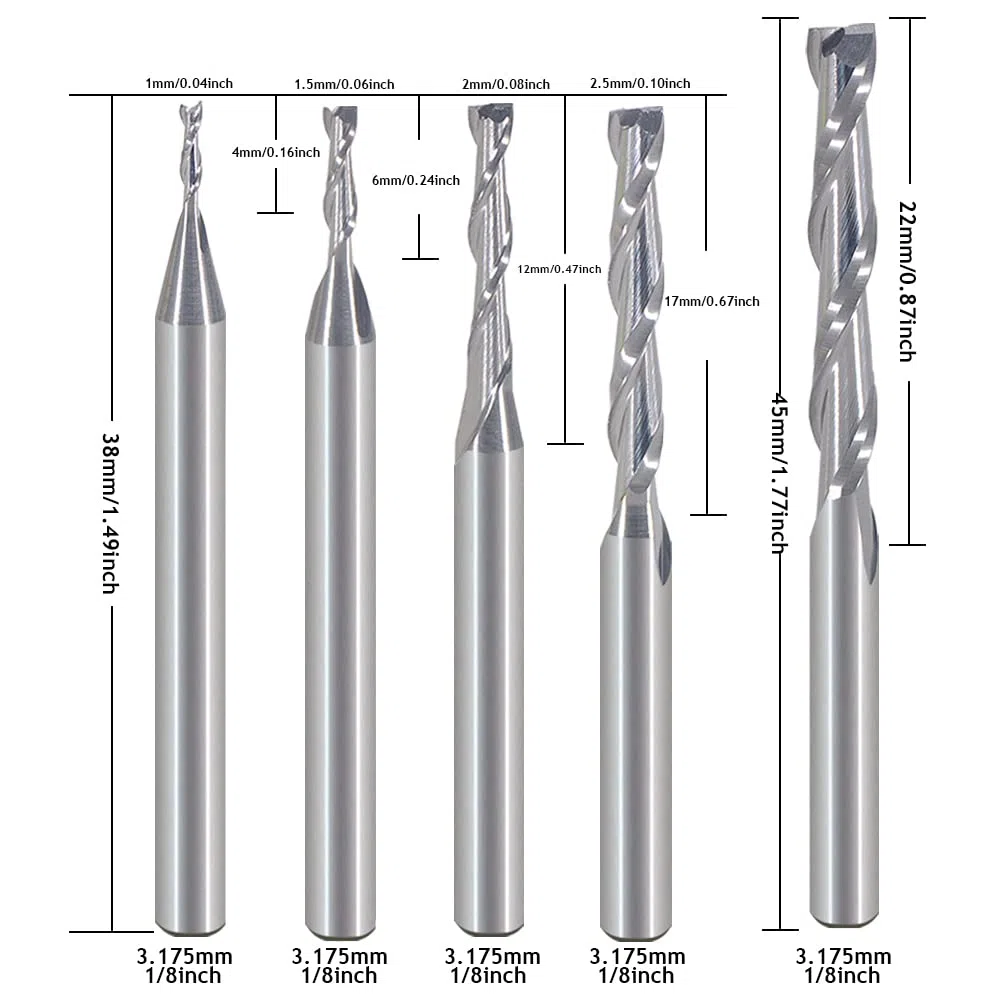 HOZLY 1 mm 1,5 mm 2,0 mm 2,5 mm 3,175 mm Fresa elicoidale a 2 tagli in metallo duro per incisione CNC