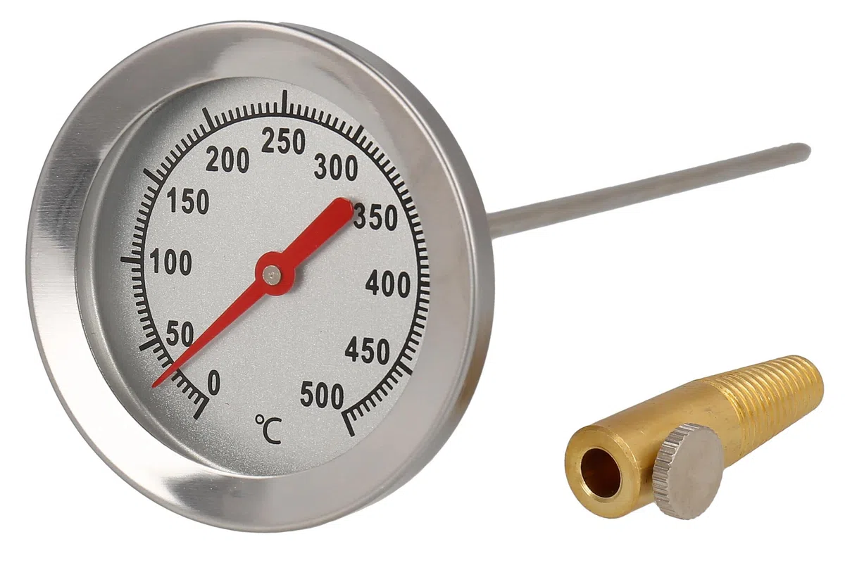 Termometro da incasso 500 gradi Ø 6,5 cm per forno a legna, forno pizza, grill, affumicatore, BBQ realizzato in acciaio inox, sonda 15cm | 30cm | 45cm con cono incorporato (30cm)