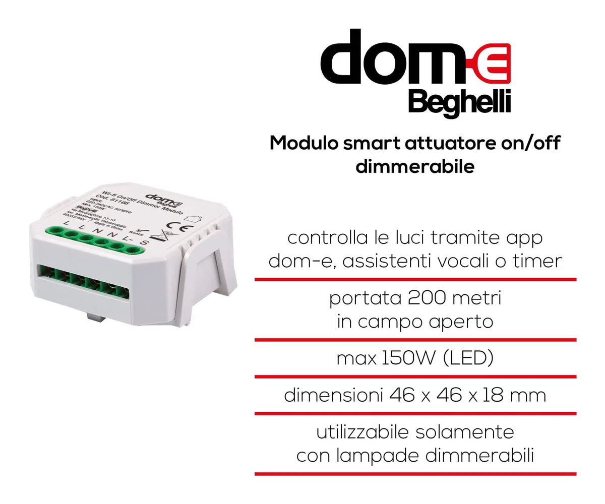 Beghelli - Dom-e Interruttore WiFi, Modulo Attuatore Wireless On-Off, Relé e Dimmer Smart, Controllo Luci da Smartphone, Compatibile con Alexa e Google Assistant, App Dom-E, Gruppo Beghelli, Bianco