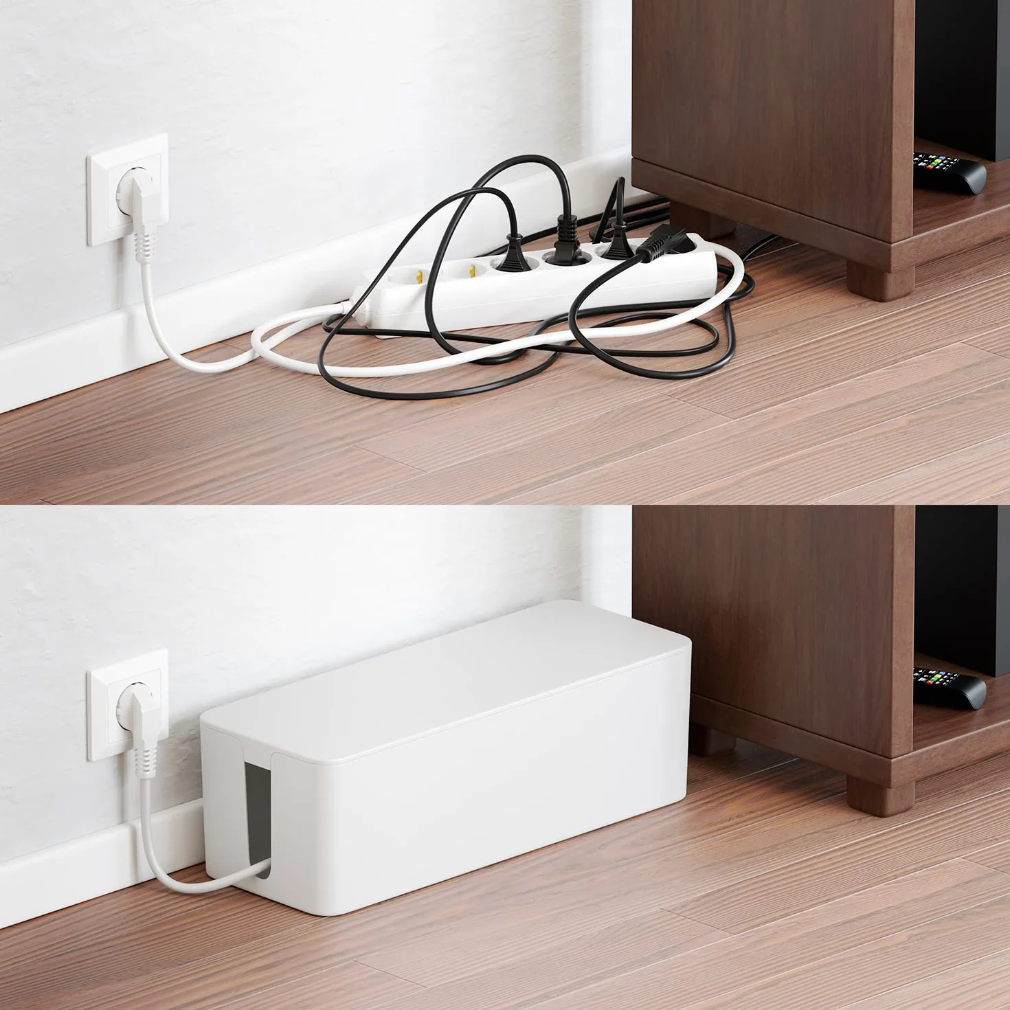 deleyCON Gestione Cavi Box Cavo Organizer Box Casetta Cavi 40,5cm x 15,3cm x 13cm Plastica Robusta 2 Guide Laterali per Cavi Protezione e Sicurezza Bianco