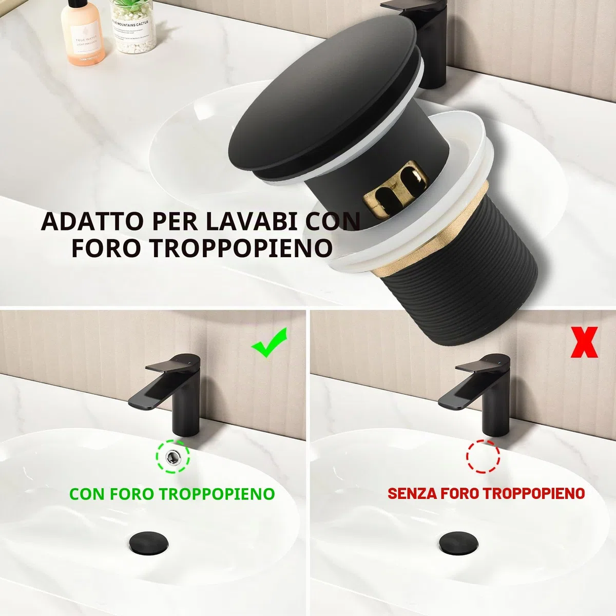 Piletta Universale Per Lavabo Bagno,Piletta Click Clack con Troppopieno, Pilett Pop Up Di Scarico Universale G1 1/4", per Lavello Con Gomma Ispessita, Nero