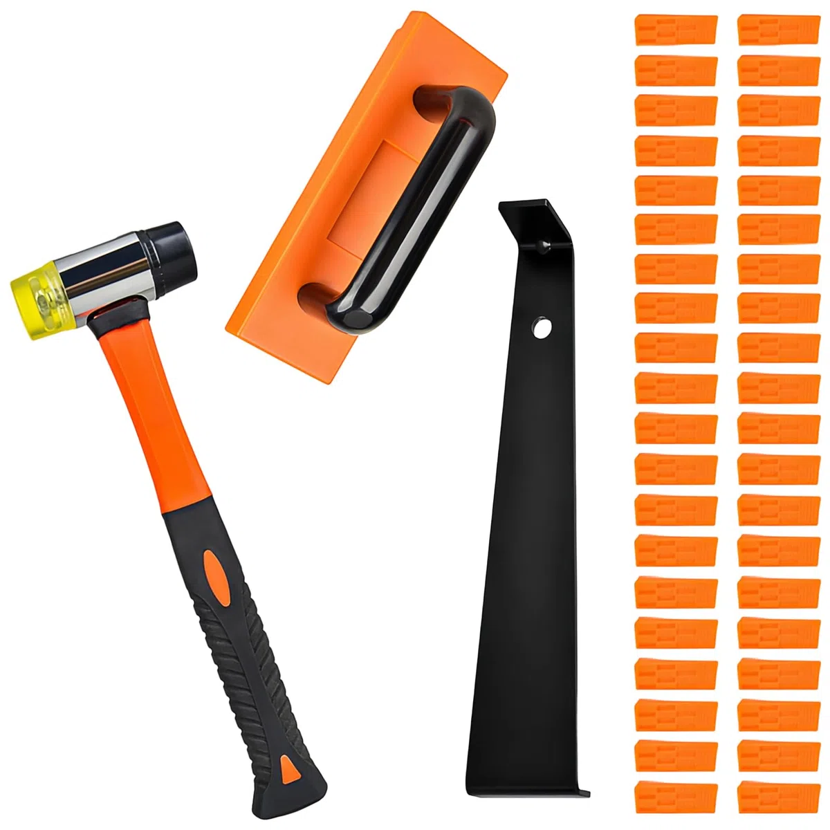 Set per la Posa di Laminati, Set Completo da 43 Pezzi, 198mm Pavimento PVC Incastro, 1 Blocco di Sblocco, 1 Ferro di Trazione, 40 Distanziatori, 1 Martello a Doppia