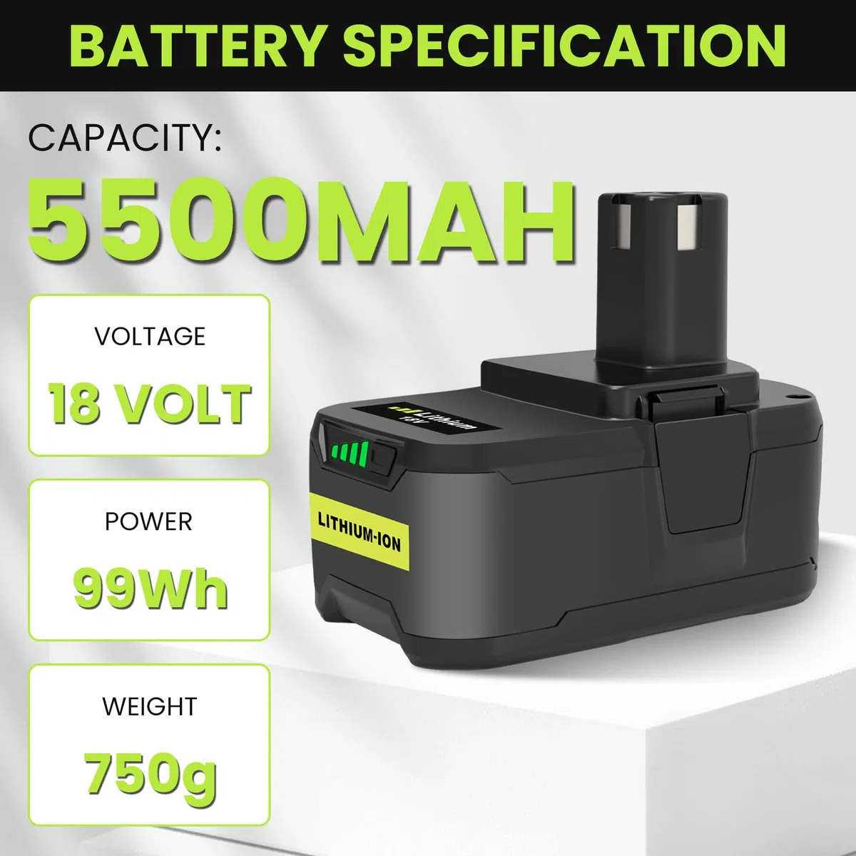 Batteria 18V 5,5Ah sostitutiva batteria per Ryobi 18V P108 Compatibile per Ryobi RB18L50 RB18L40 RB18L25 BPL-1815 BPL-1820G BPL18151 BPL1820 P104 P105 P107 (grigio)