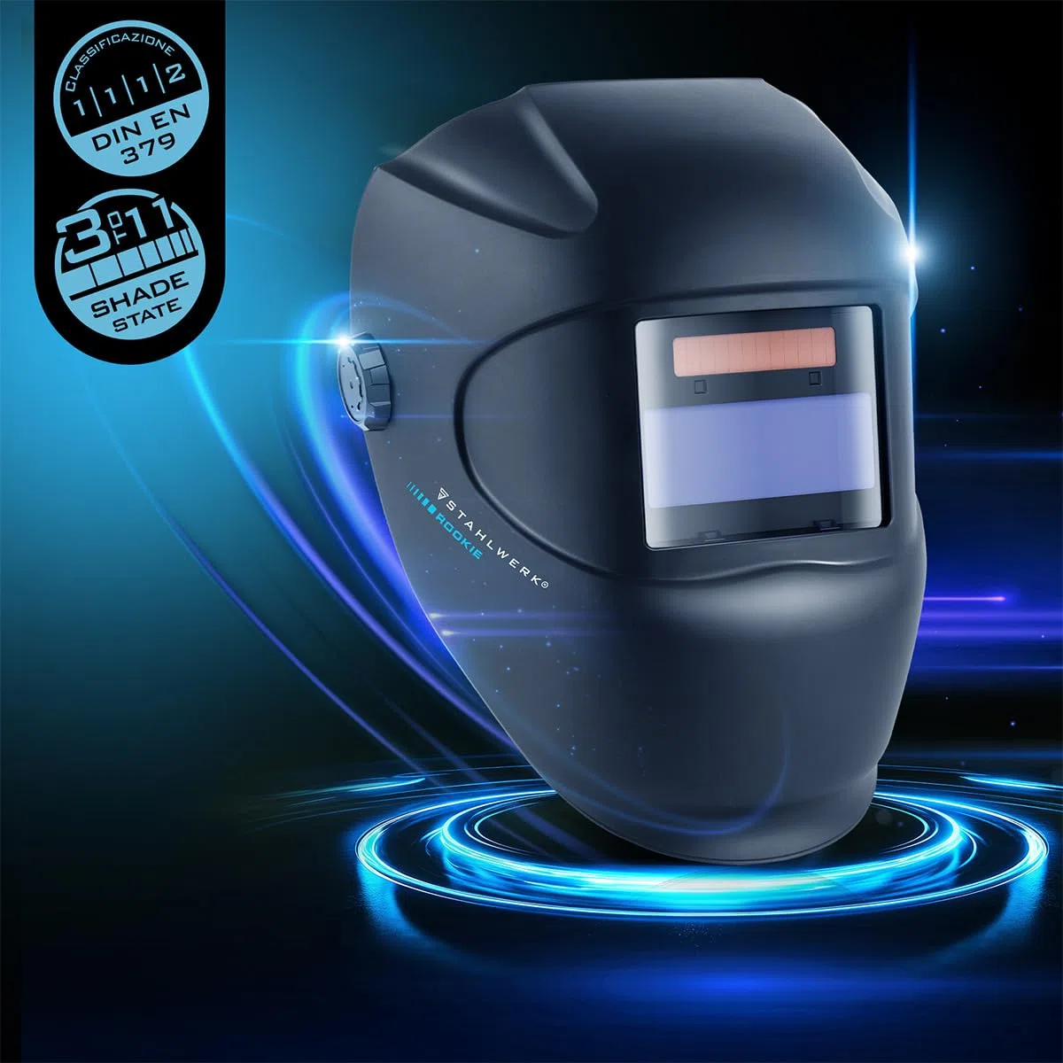 STAHLWERK Casco per Saldatura Automatico ROOKIE – Casco Robusto, Maschera per Saldatura con Filtro autoscurante da DIN 3 a DIN 11, Classe Ottica 1/1/1/2