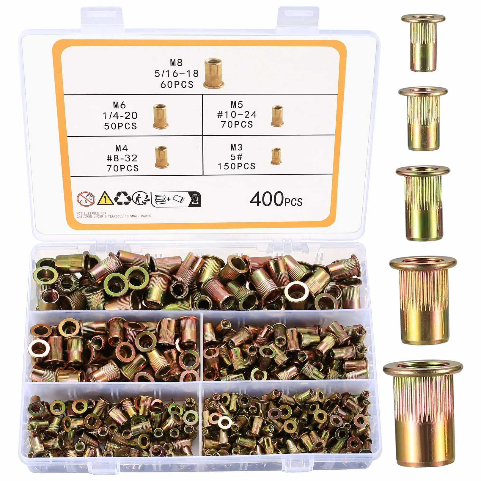 Set di 400 Dadi Rivetti a Testa Piatta - Inserti in Acciaio al Carbonio SAE UNC - Assortimento #5, #8-32, #10-24, 1/4-20, 5/16-18