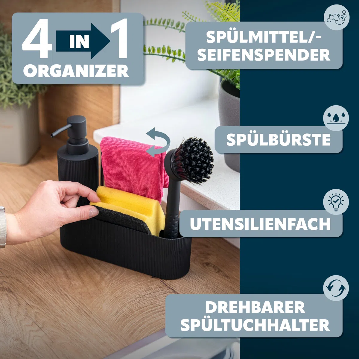 eluno Organizzatore per lavello con superficie soft-touch dal design a coste per cucina e bagno, incl. dispenser di sapone, spazzola per lavare i piatti, con testina di ricambio, nero