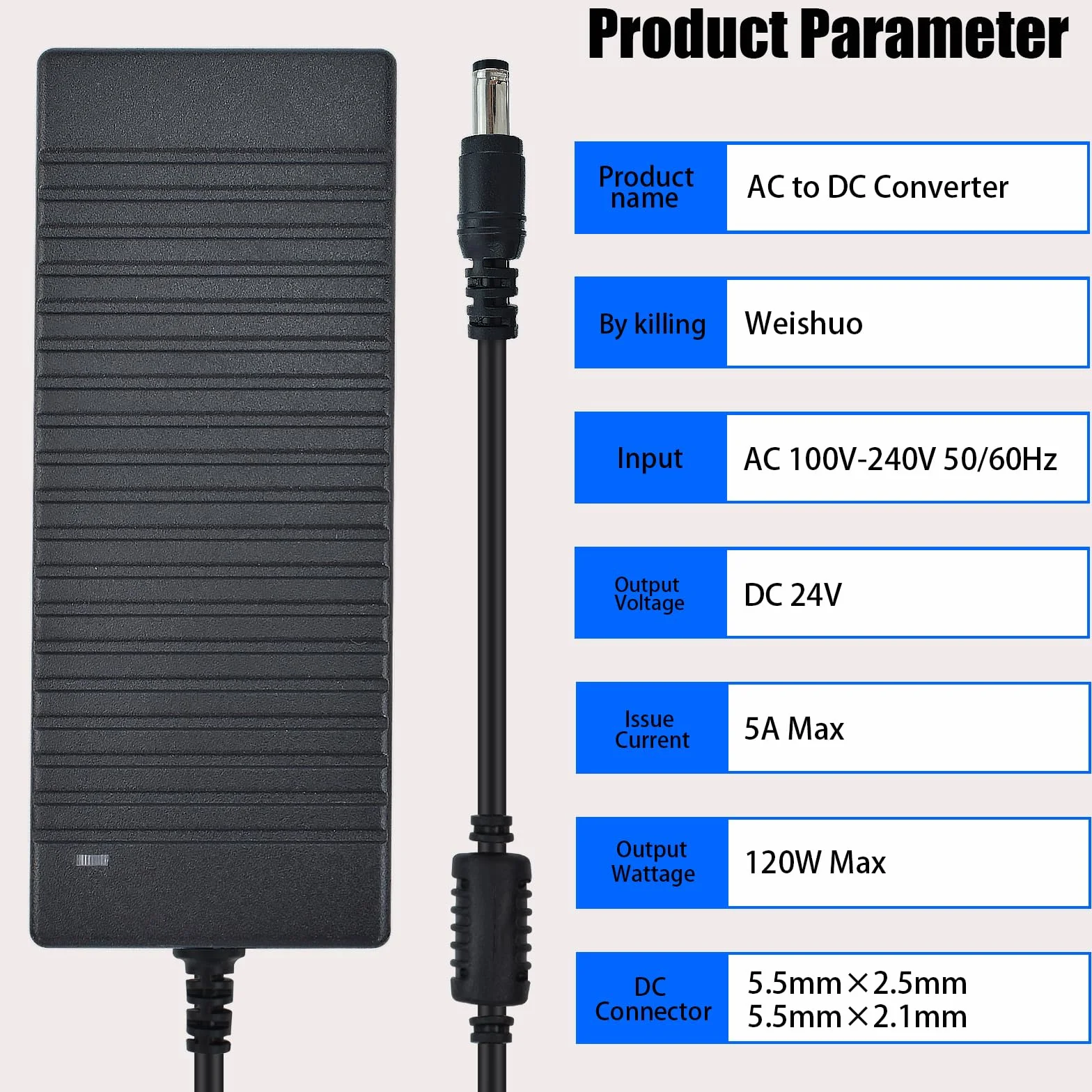 Adattatore di Alimentazione AC 100-240V a 24V 5A Trasformatore 120W Spina 5.5 x 2.5 mm Caricatore Alimentatore per Striscia LED, Monitor TV Televisione, Telecamere, Router, Hub, Lettore DVD