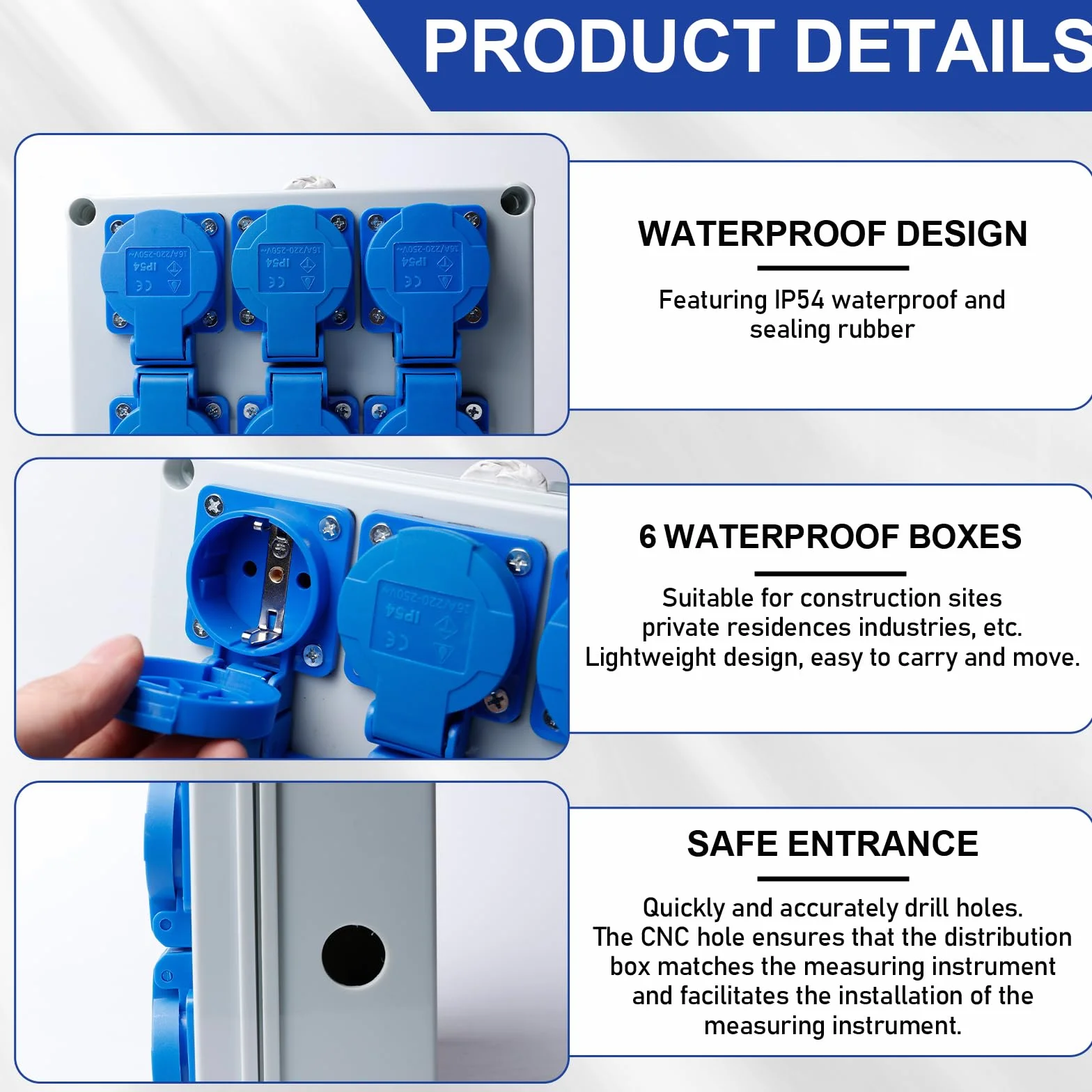 Distributore di corrente da parete, 6 x 230 V, 16 A, distributore di corrente da costruzione, IP44, per interni ed esterni