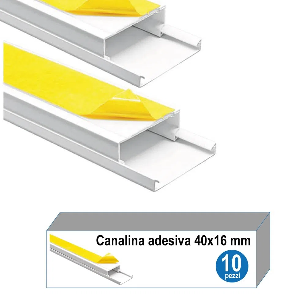 Canalina passacavi fili elettrici muro adesiva 40x16 mm 2 metri kit da 10 pezzi 20 metri
