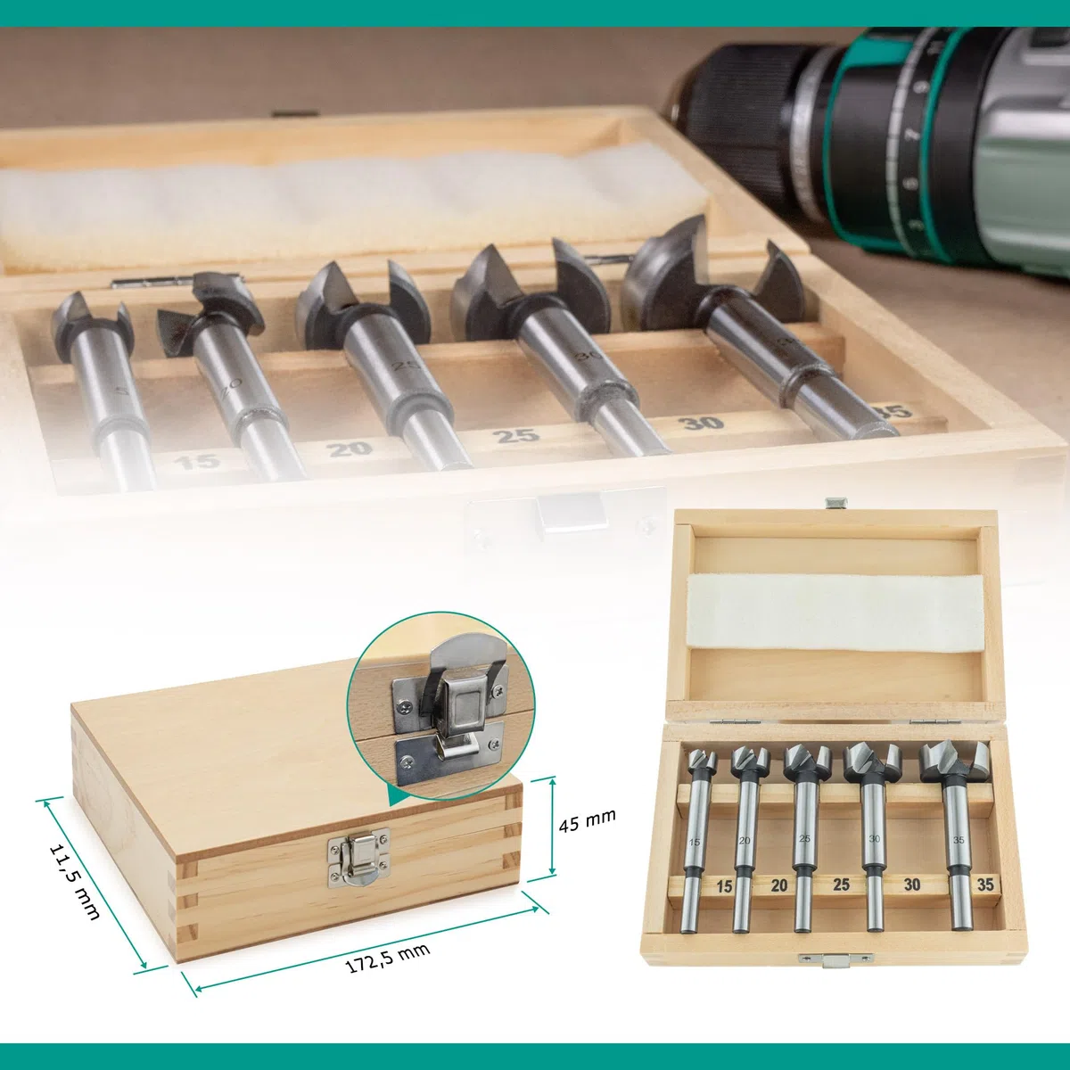 ENT 25100 Set da 5 pz. Punte Forstner per legno Ø 15, 20, 25, 30, 35 mm, in acciaio per utensili, per eseguire facilmente fori ciechi nel legno tenero, set di punte per legno fai da te, punta per fori