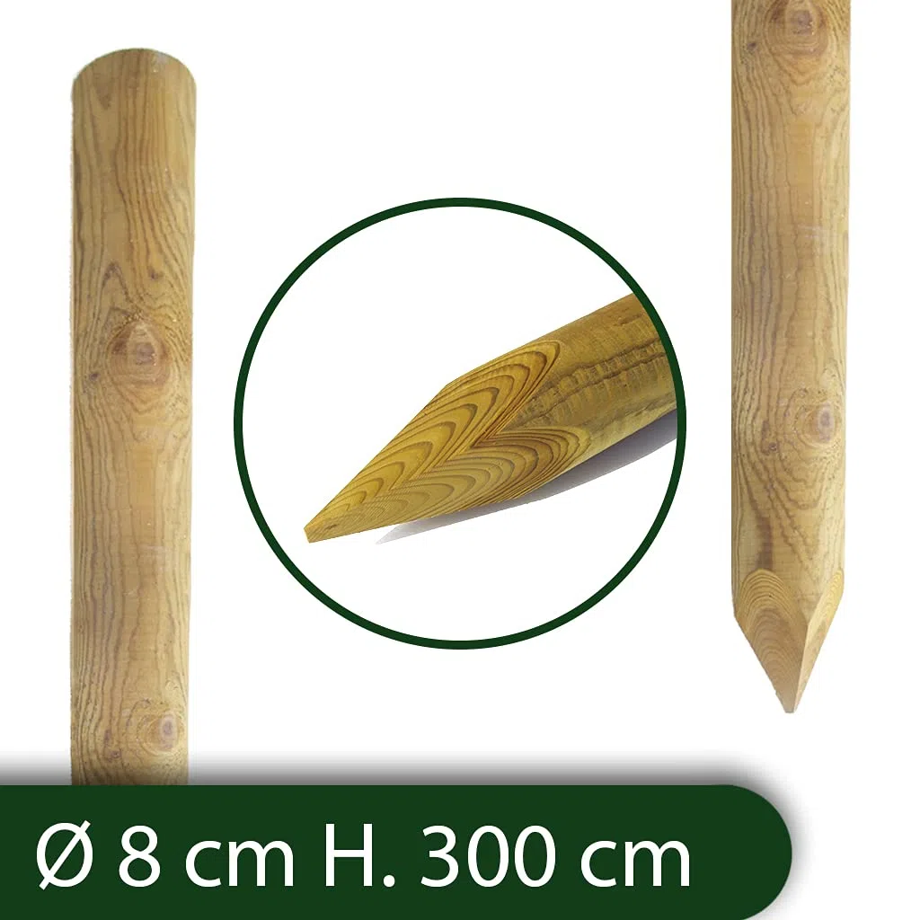 nextradeitalia 1 PZ Pali in Legno Ø CM 8 Altezza CM 300 H TONDI con Punta TRATTATI IMPREGNATI per Recinzione STACCIONATA/STECCATO PALO Tondo