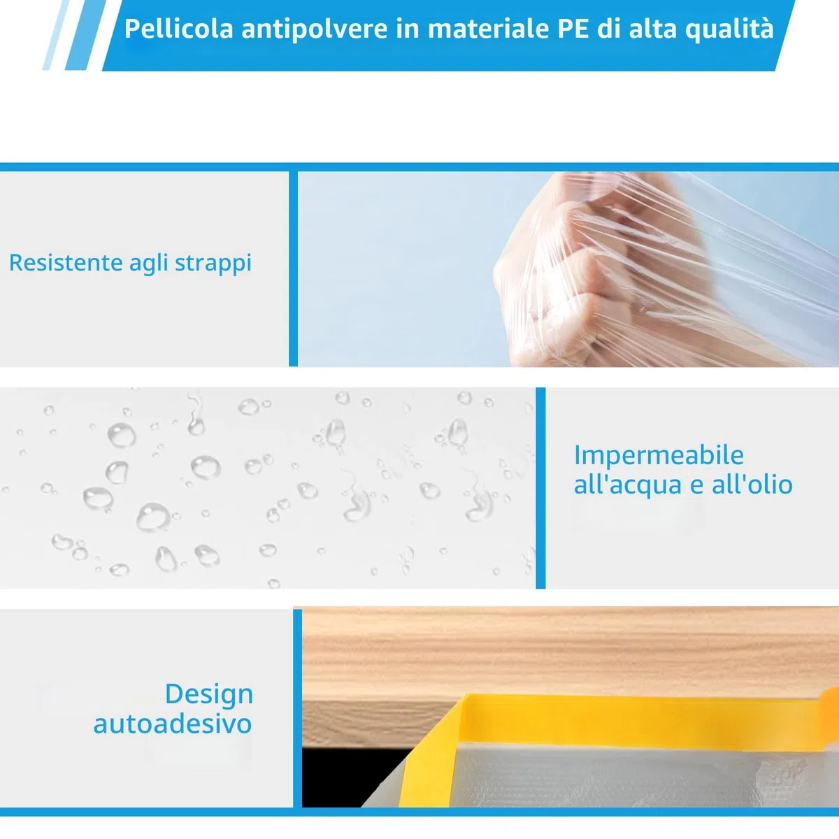 Bafumiu Set di 4 Teli Plastica per Imbiancare (80m totali) – Teli Copritutto per Imbianchino, Teli Plastica per Coprire (2 rotoli 55cm x 20m + 2 rotoli 150cm x 20m) – Teli per Imbiancare Autoadesivi.
