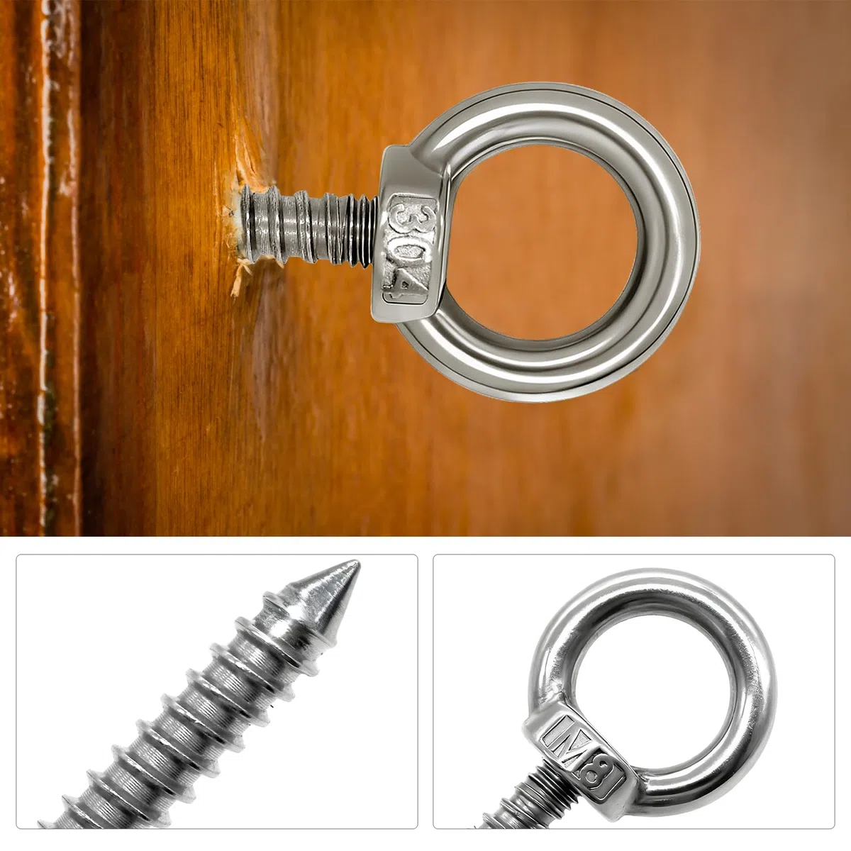 6 viti autofilettanti con occhiello in acciaio inox resistente M8, vite ad anello in legno, vite per occhi m8, ganci robusti per amache, sedie a dondolo, tenda da sole