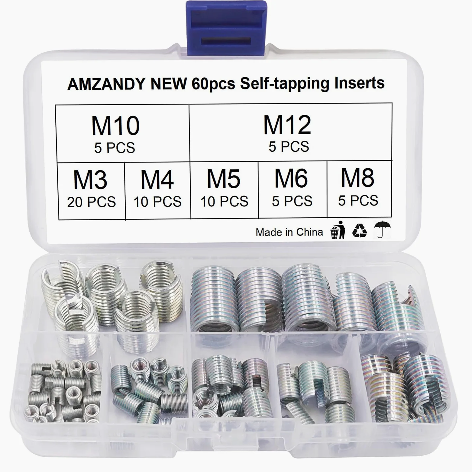 60 Pezzi Inserti Filettati M3 M4 M5 M6 M8 M10 M12,Set Inserto Filettato Autofilettante in Acciaio al Carbonio,Filettatura Rinforza Strumento di Riparazione
