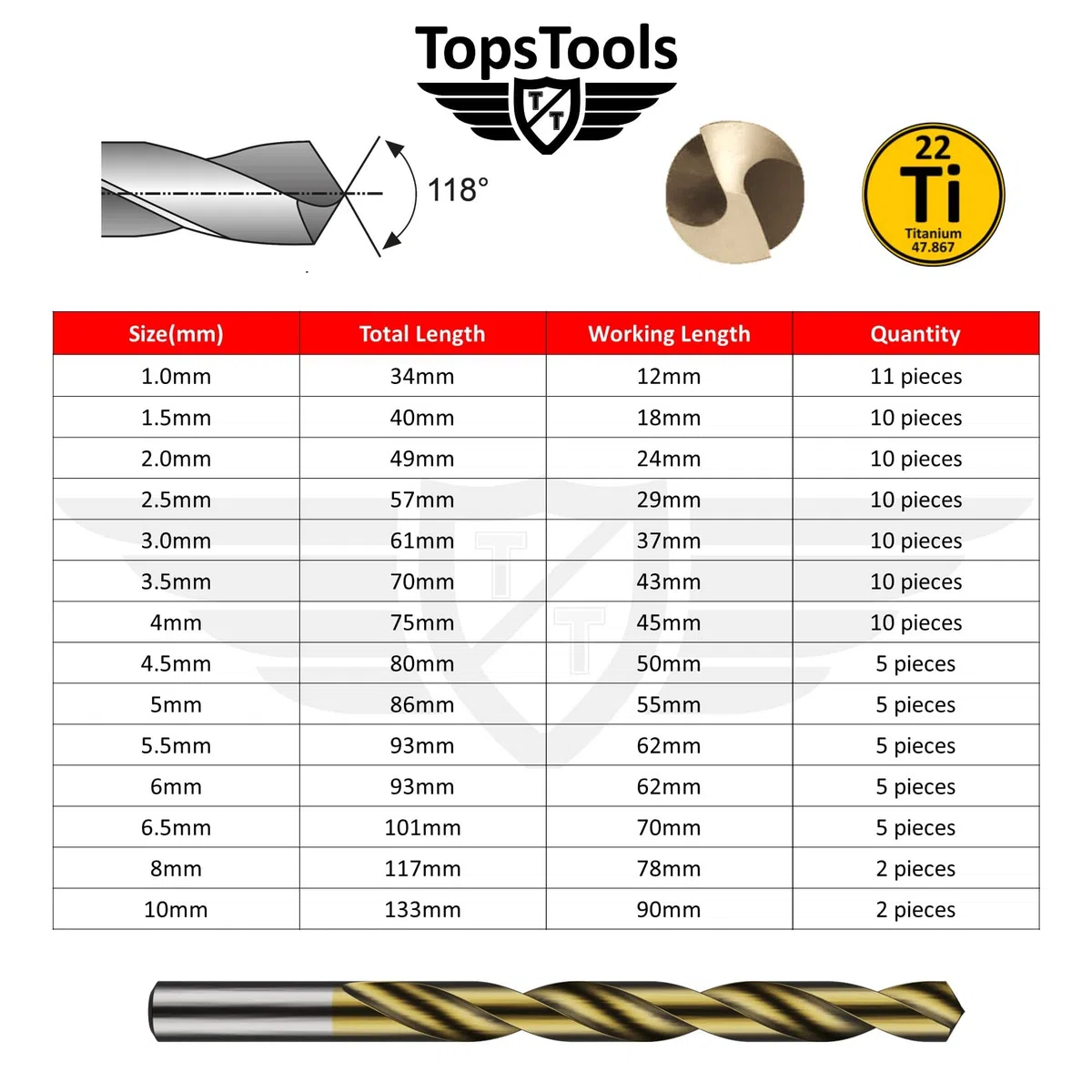 100 punte elicoidali TopsTools TT100TW 1 mm - 10 mm, dimensioni miste, rivestite in titanio HSS, scatola di immagazzinaggio per legno, plastica, rame, ottone, compatibile con Bosch e molti altri