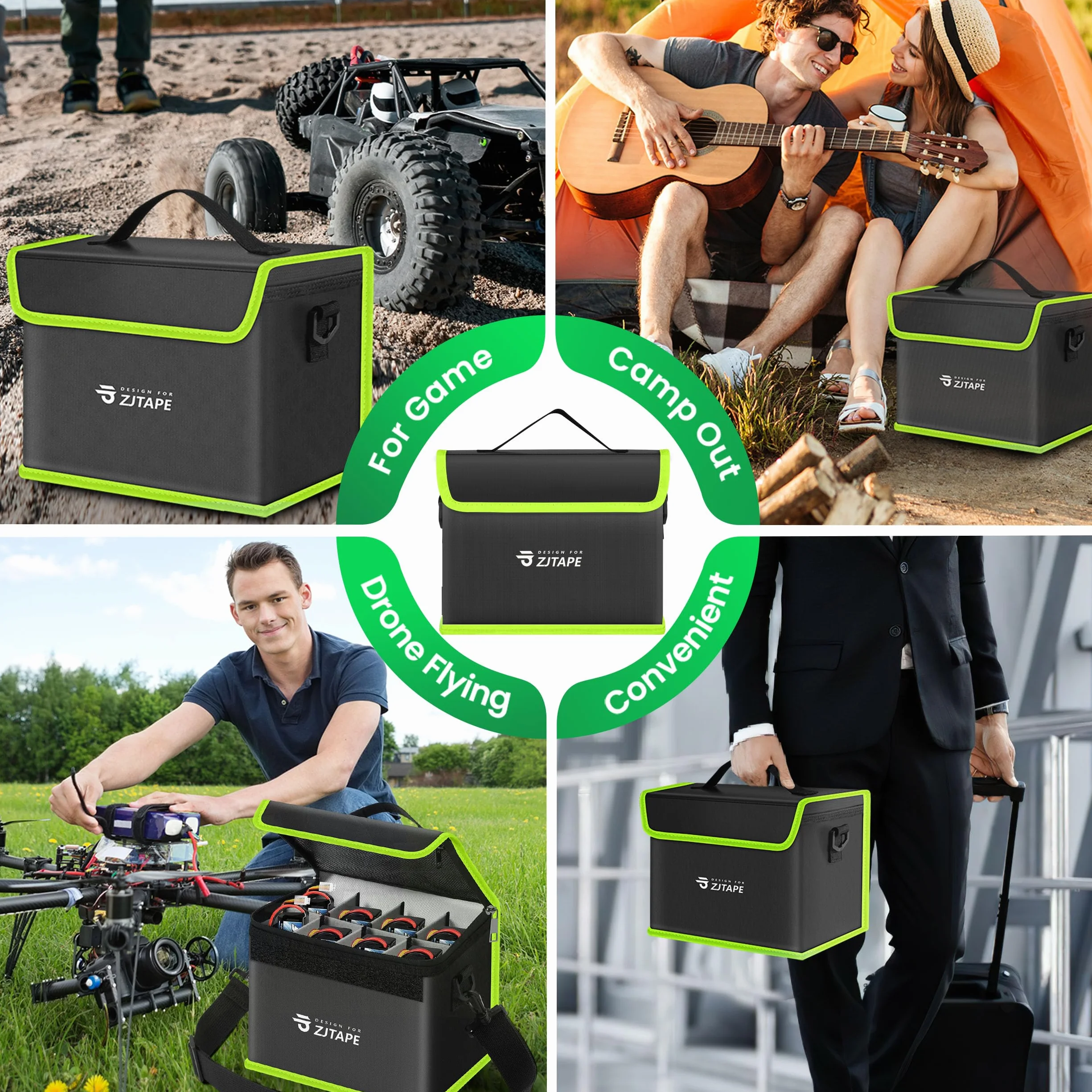 ZJTAPE Lipo Safe Bag ignifuga, Borsa per batterie a prova di esplosione, grande spazio di stoccaggio Storage Box - cassaforte ignifuga, borsa protettiva per la ricarica e l'archiviazione (Nero, Verde)