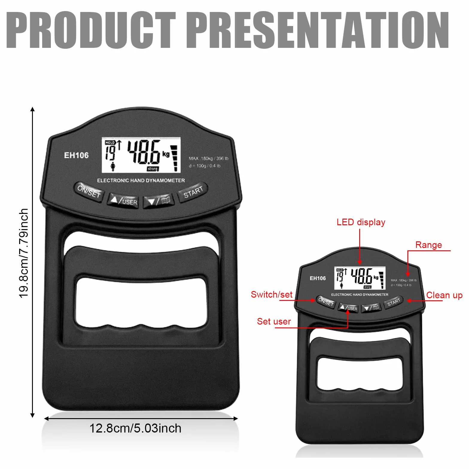 Manometro digitale, 396lb/180 kg, nero, dinamometro Grip Strength Trainer con cavo di ricarica USB, Grip Strength Trainer elettronico, misura grande schermo LED