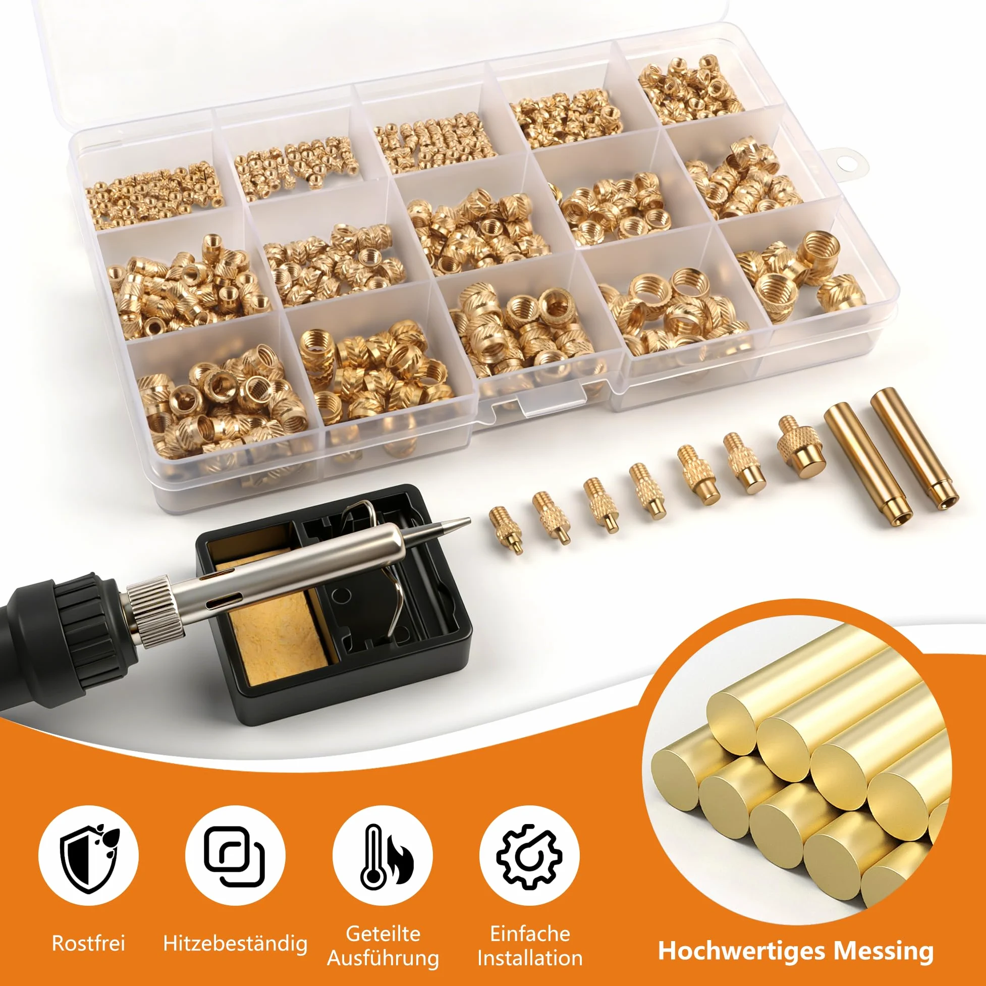 Set di 450 inserti filettati, set di punte per saldatura, con temperatura regolabile, con 7 punte per saldatura e 2 adattatori e supporto per saldatore e pinzette, 450 inserti filettati M2 M2.5 M3 M4