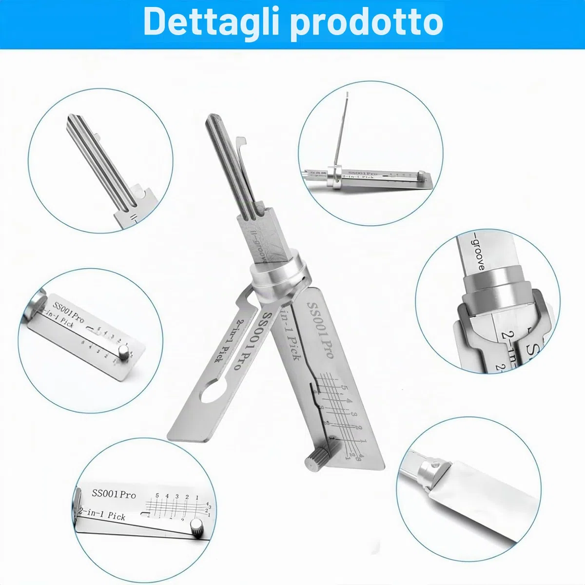 SS001 Pro Lock Pick Tool,2 in 1 Kit di picking serratura & Master Key Decoder,grimaldelli in acciaio inox per principianti,Serrature pratiche per serratura serratura,Set di grimaldelli per serrature