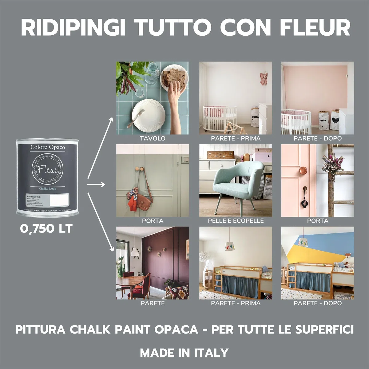 FLEUR DESIGNER'S PAINT | Pittura Chalk Paint Opaca, 750 ml, Senza Carteggiare, Multisuperficie, Colore F50 Miami Milk, Effetto Gesso, Per Pareti e Mobili, Extra Opaco, Ad Acqua, Made in Italy