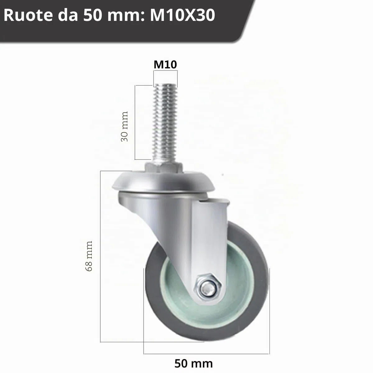 Set di 12 Ruote per Mobili da Perno Filettato M10 x 1,5 x 30 mm, Ruote per Carrello 50mm - Capacità 50 kg per Ruota, Silenziose e Resistenti Rotelle Girevoli a 360 Gradi per Tavolo, Armadio