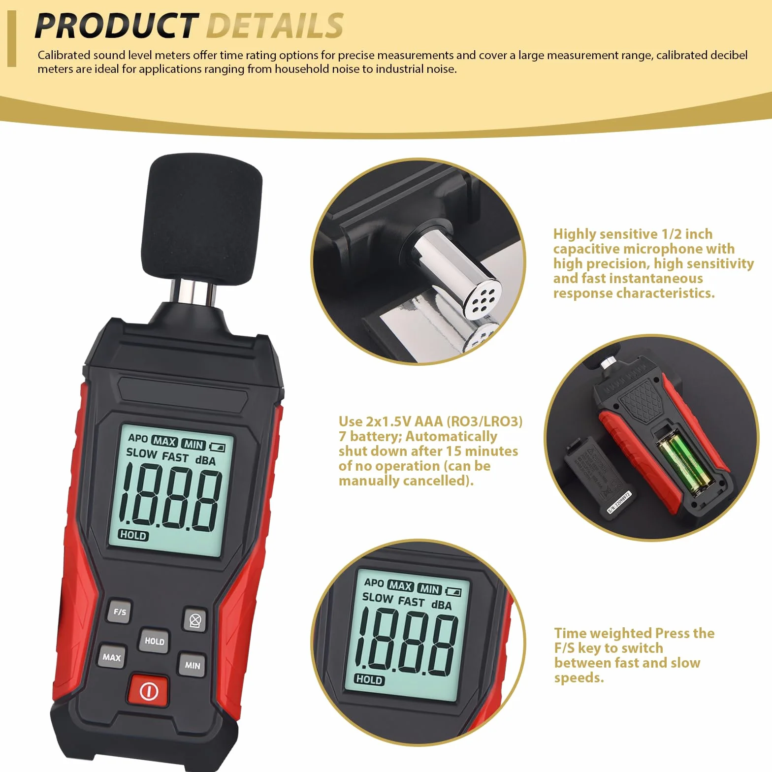 Misuratore di Decibel Professionale con Memorizzazione Dati | Fonometro Digitale Portatile | Misuratore di Livello Sonoro 30-130 dB(A/C) per Casa, Cantiere, Ufficio | Display LCD con Illuminazione