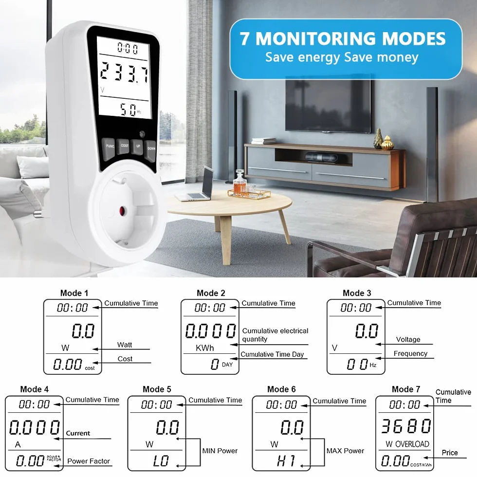 Flintronic Misuratore Consumo Elettrico, Misuratore di Potenza con 16A/3680W Protezione da Sovraccarico, 7 Modalità di Monitoraggio, con display LCD retroilluminato, Wattmetro Misura Consumo