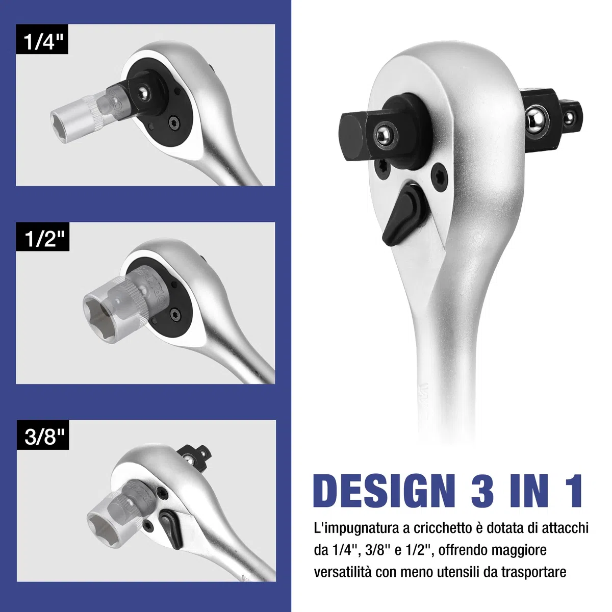 WORKPRO Set di Chiavi a Bussola da 22 Pezzi, con Chiave a Cricchetto 3 in 1, Chiavi a Bussola da 1/4", 3/8", 1/2", Barra di Prolunga, 72 Denti, con Custodia