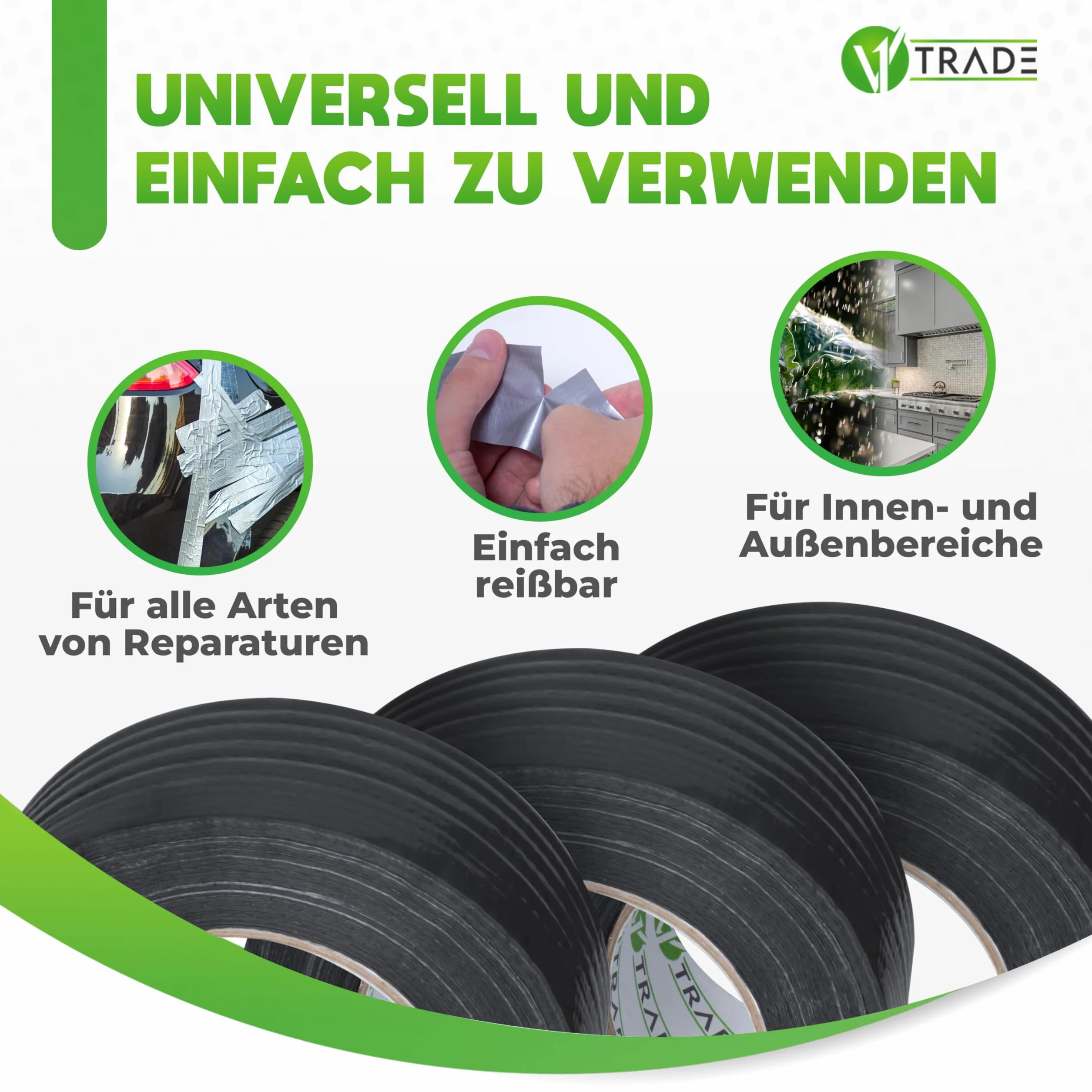 V1 TRADE Nastro blindato nero, 48 mm x 50 m, 4 x nastro resistente all'acqua, adatto per interni ed esterni, facile da usare e rimovibile senza lasciare residui