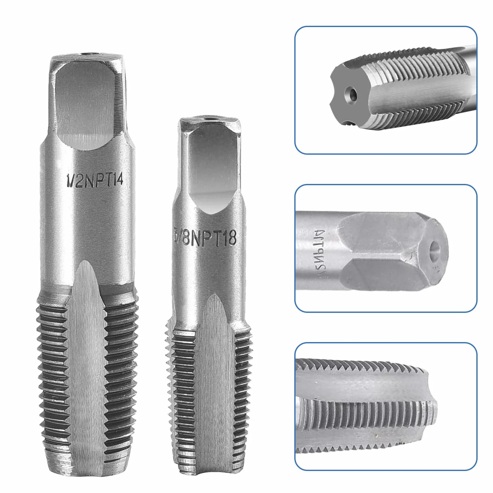 Set di 5 maschi NPT per filettatura NPT da 1/8", 1/4", 3/8", 1/2", 3/4", 3/4", 3/4", 3/4", in acciaio al carbonio, per tubi in PVC, filettatura precisa
