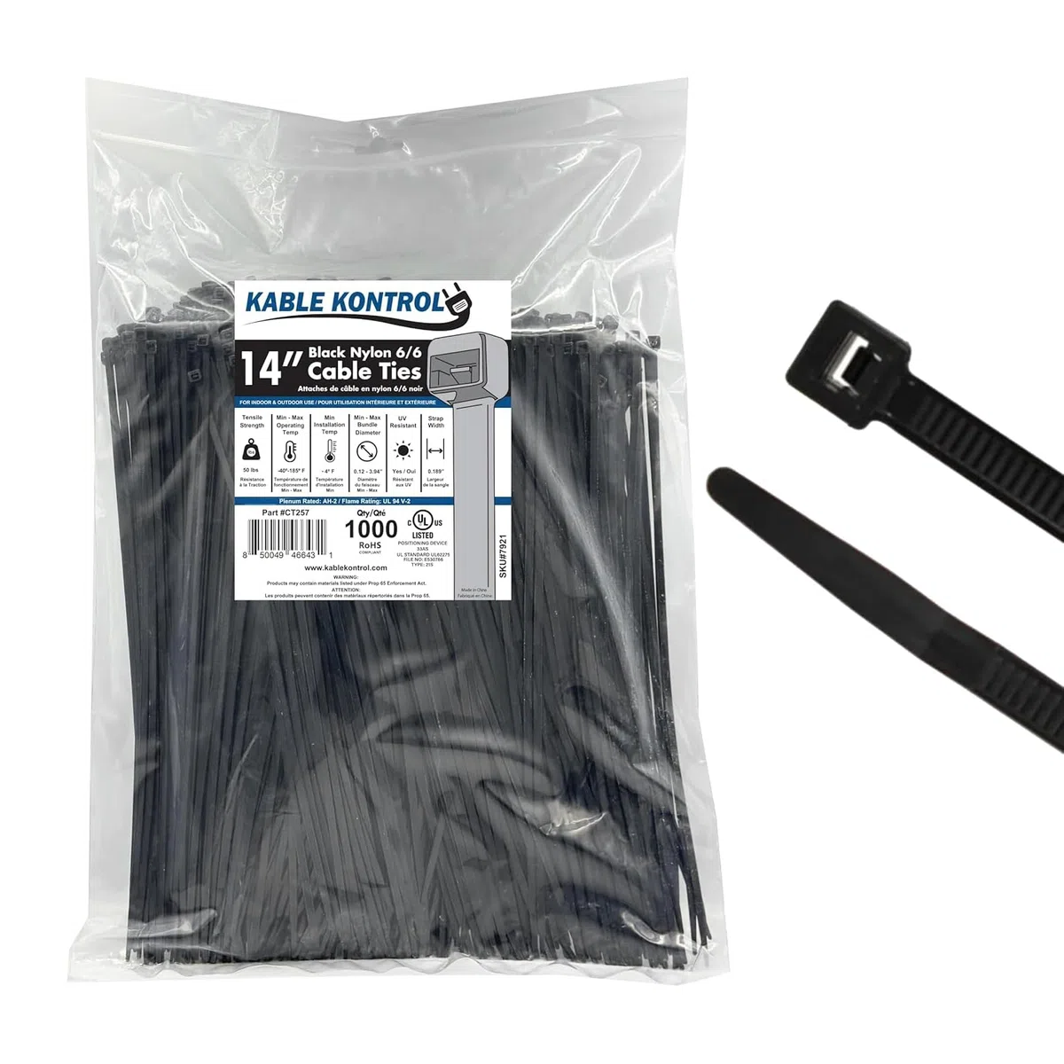 Kable Kontrol Fascette fermacavi, 1000 pezzi, 35,5 cm, colore nero, resistenza alla trazione, 22,7 kg, autobloccanti resistenti ai raggi UV, per uso interno o esterno