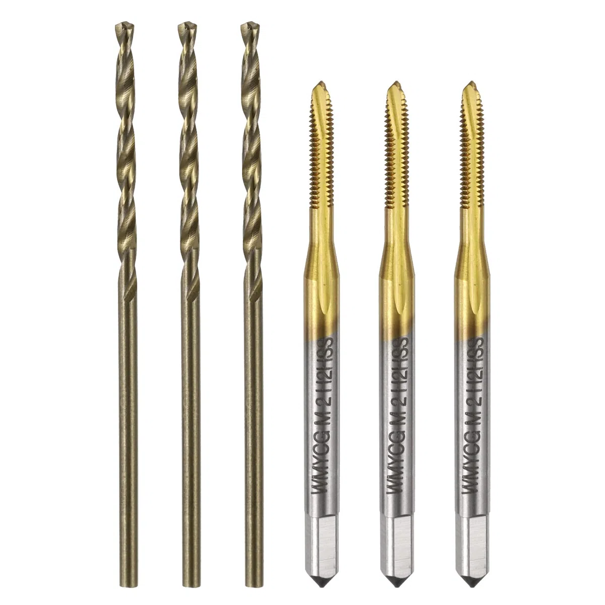 QUARKZMAN Set Maschi e Punte Trapano Metriche, 3pz M2 x 0.4 Maschi a Punta Elicoidale Rivestito Titanio e 3pz 1,6mm Punte Trapano Elicoidali Giallo Arrosto, Filettatura Maschiatura Viti