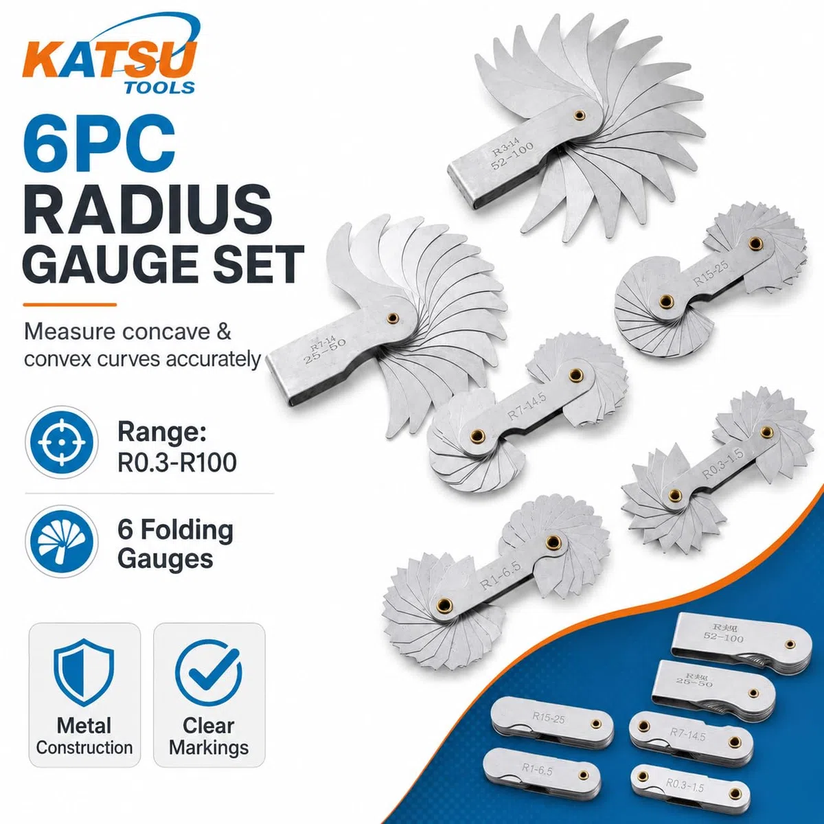 KATSU Set di misuratori di raggio 6 Pezzi R0.3-1.5 / R1-6.5 / R7-14.5 / R15-25 / R25-50 / R52-100 misuratori di filetti di raggio in metallo Strumento di misura portatile concavo convesso