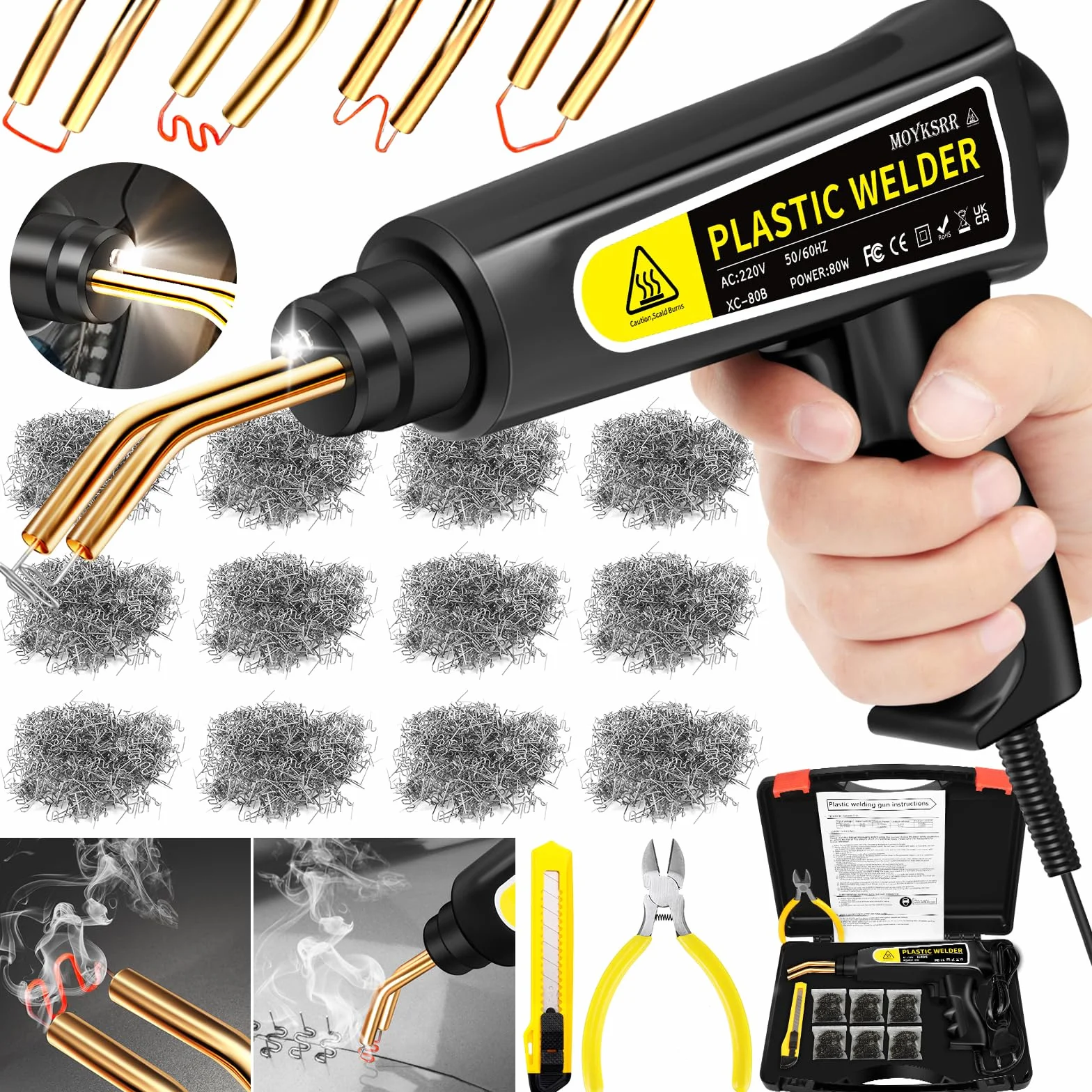 MOYKSRR 80W Saldatrice per Plastica, Kit di Riparazione Paraurti Auto con 800pcs 6 Tipo Graffette, Plastica Saldatrice Kit, Kit di Plastica Riparazione Saldatura per Auto Paraurti/Auto Ricambi