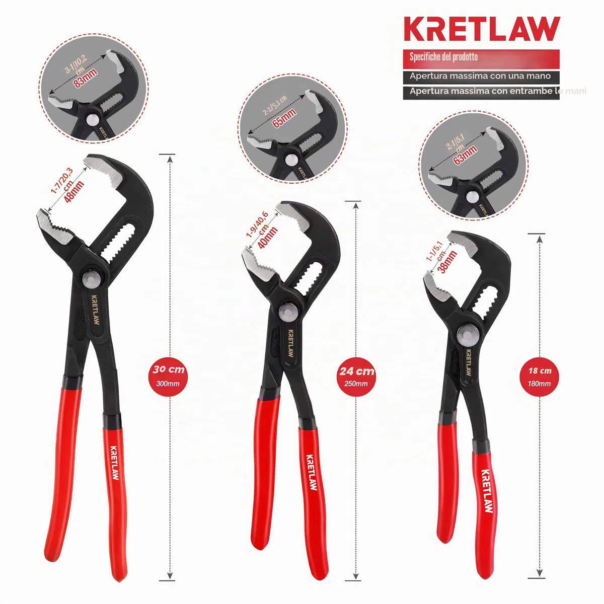 KRETLAW Set di Pinze Regolabili a Scatto 3 Pezzi (300mm & 250mm & 180mm), Pinze Regolabili per Pompe d'Acqua, Pinze a Scatto con Mascella a V in Cr-V per Riparazioni Domestiche e Idraulica
