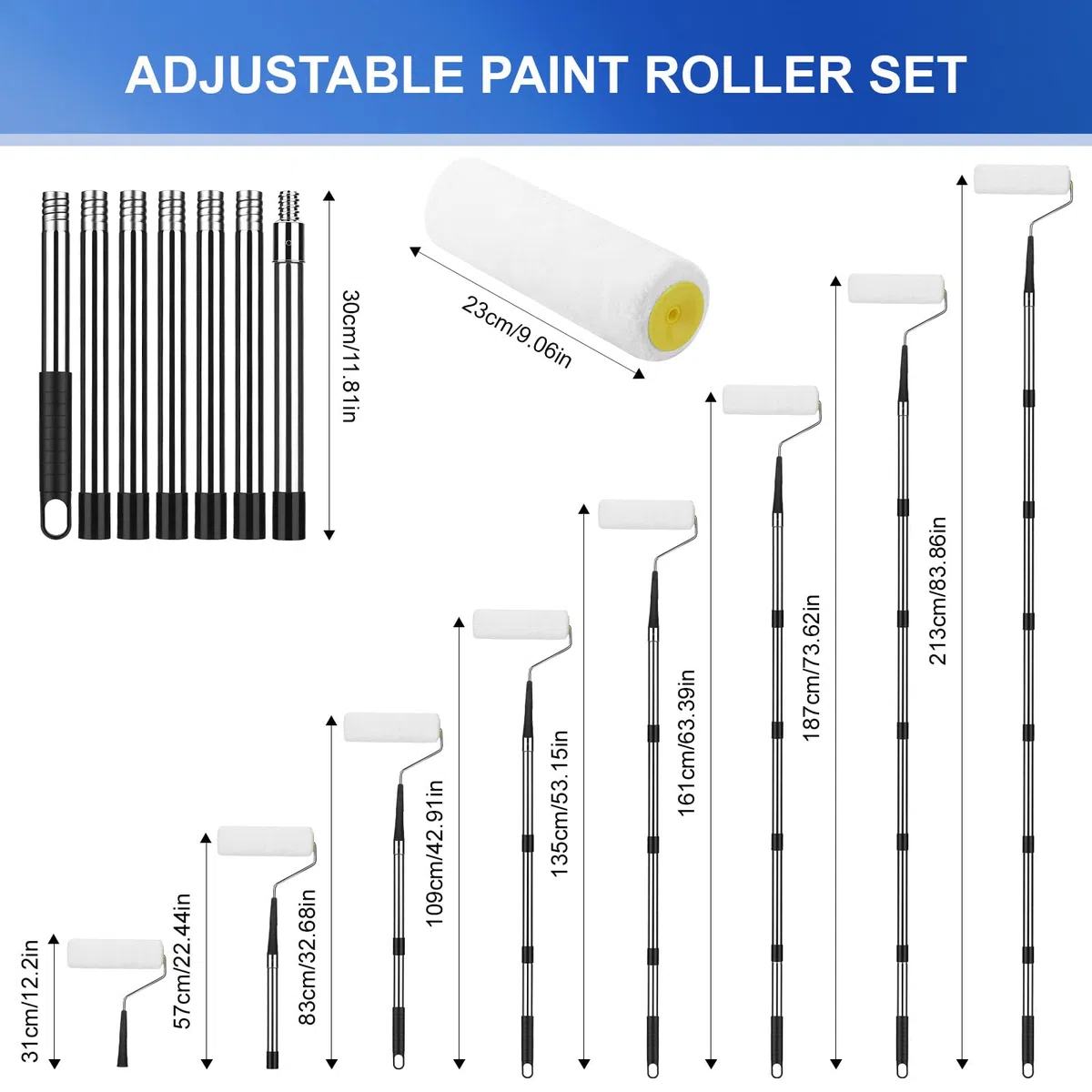 Rullo per Pittura da 23 cm con Asta di Estensione, Roller Paint Portatile con Impugnatura Antiscivolo e Grande Carico Vernice, Rullo in Microfibra Professionale per Pittura, Pareti, Soffitti