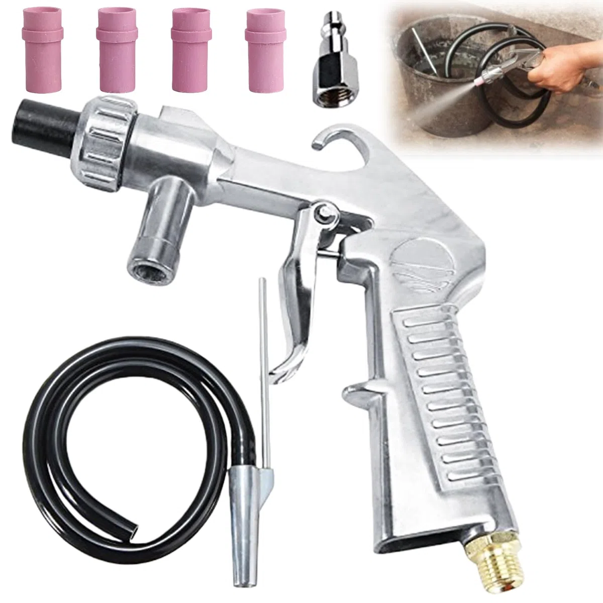 Pistola per sabbiatura ad aria compressa, dispositivo per sabbiatura con tubo in gomma (1 m), ugello in metallo e 4 ugelli in ceramica, un nipplo di collegamento dell'aria, kit di pistola per