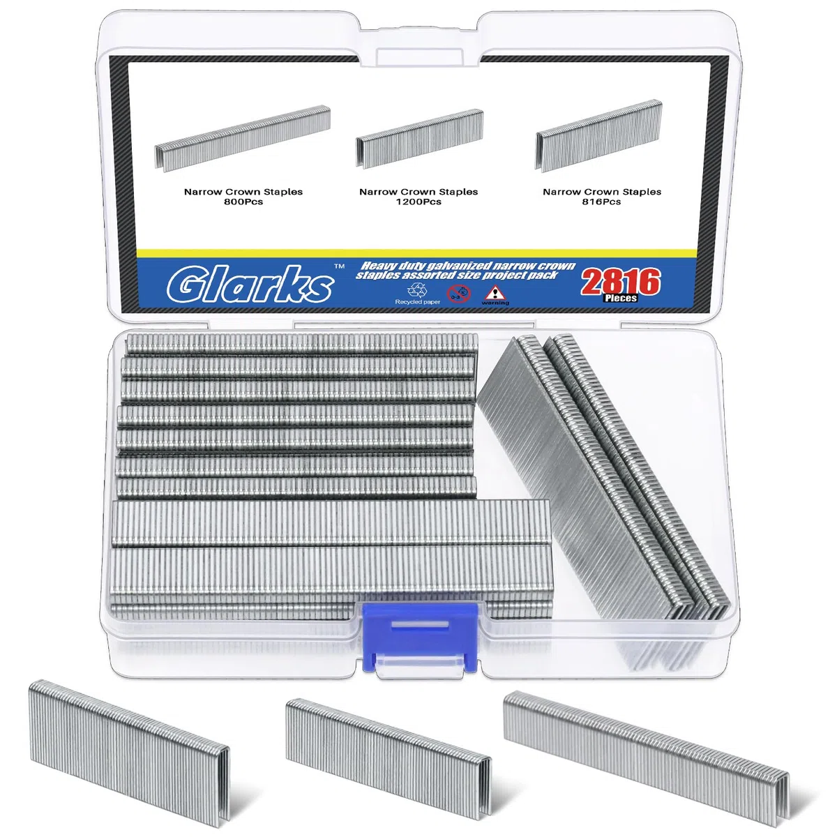 Glarks graffette a corona strette, calibro 18, 1/2", 3/4", 1", kit assortito per pinzatrice elettrica, pneumatica, fai da te per la casa (argento)