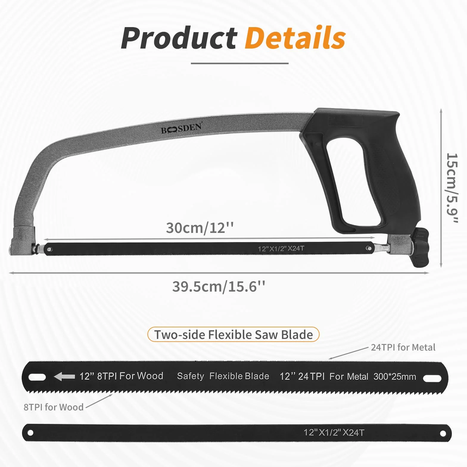 BOOSDEN Sega per metalli, 300 mm, con 3 lame intercambiabili, sega per metallo, legno, acciaio, tubi in PVC e plastica