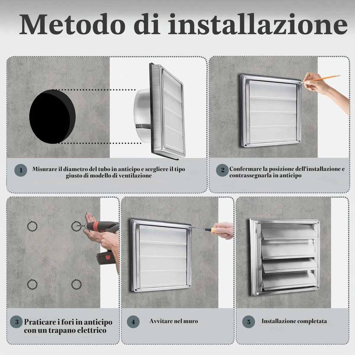 Griglia di ventilazione 150 mm, griglia di scarico esterna in acciaio inox 304, griglia di ventilazione con protezione dagli insetti (griglia fissa), Griglia Di Ventilazione Con Lamelle Mobili