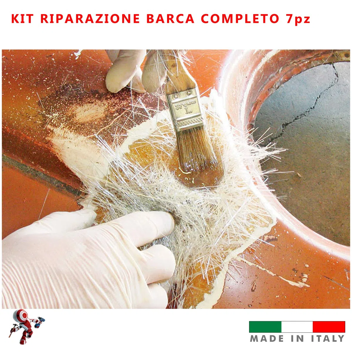 Kit riparazione barche e piscine in vetroresina formato da Resina liquida catalizzatore Foglio in fibra 1 mq Gelcoat paraffinato bianco stucco resina pasta abrasiva per lucidare pennello