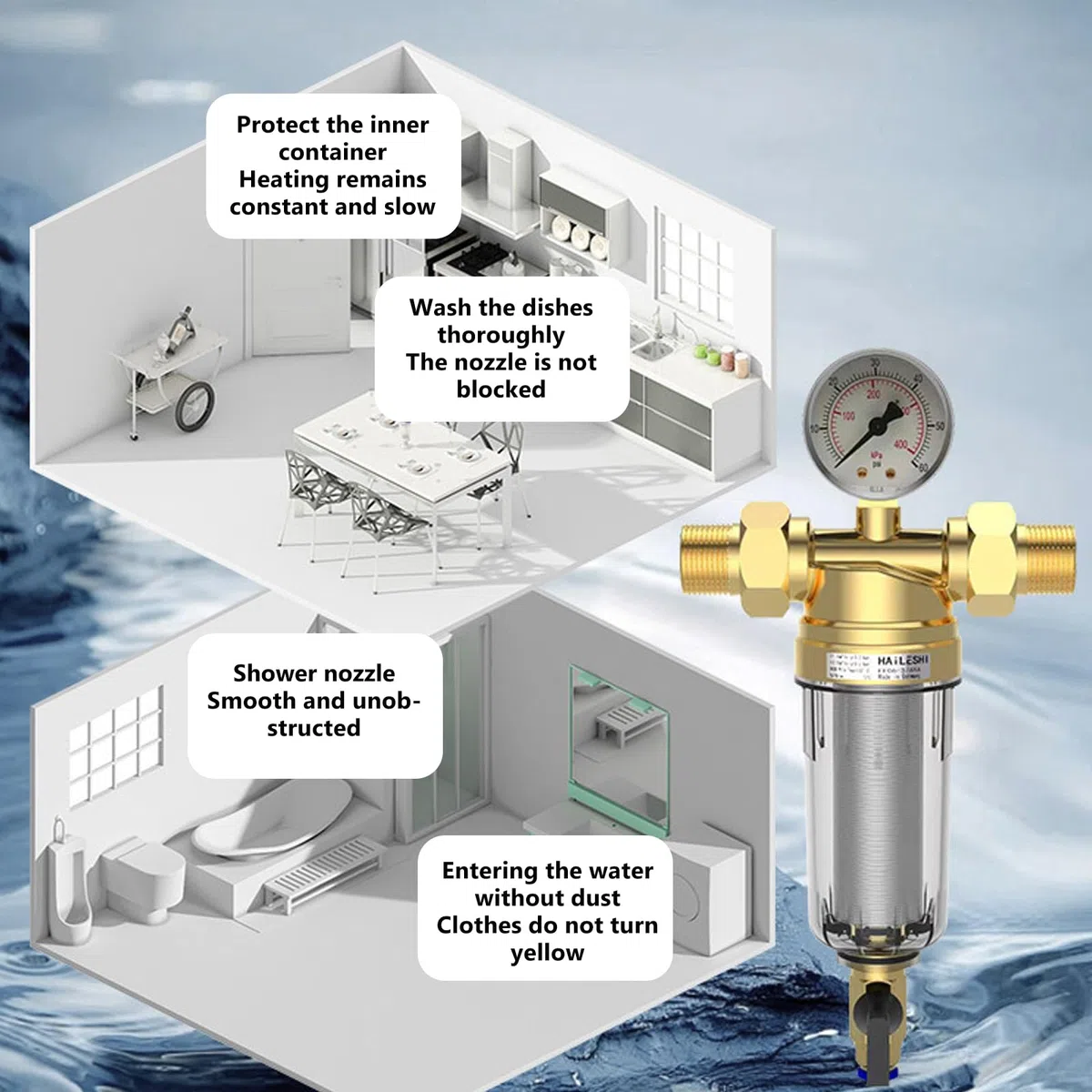 Filtro dell'acqua Spin down Sediment: 1" Filtro acqua Purificatore di rotazione con manometro, filtri dell'acqua di risciacquo riutilizzabile, filtro dell'acqua per sedimenti